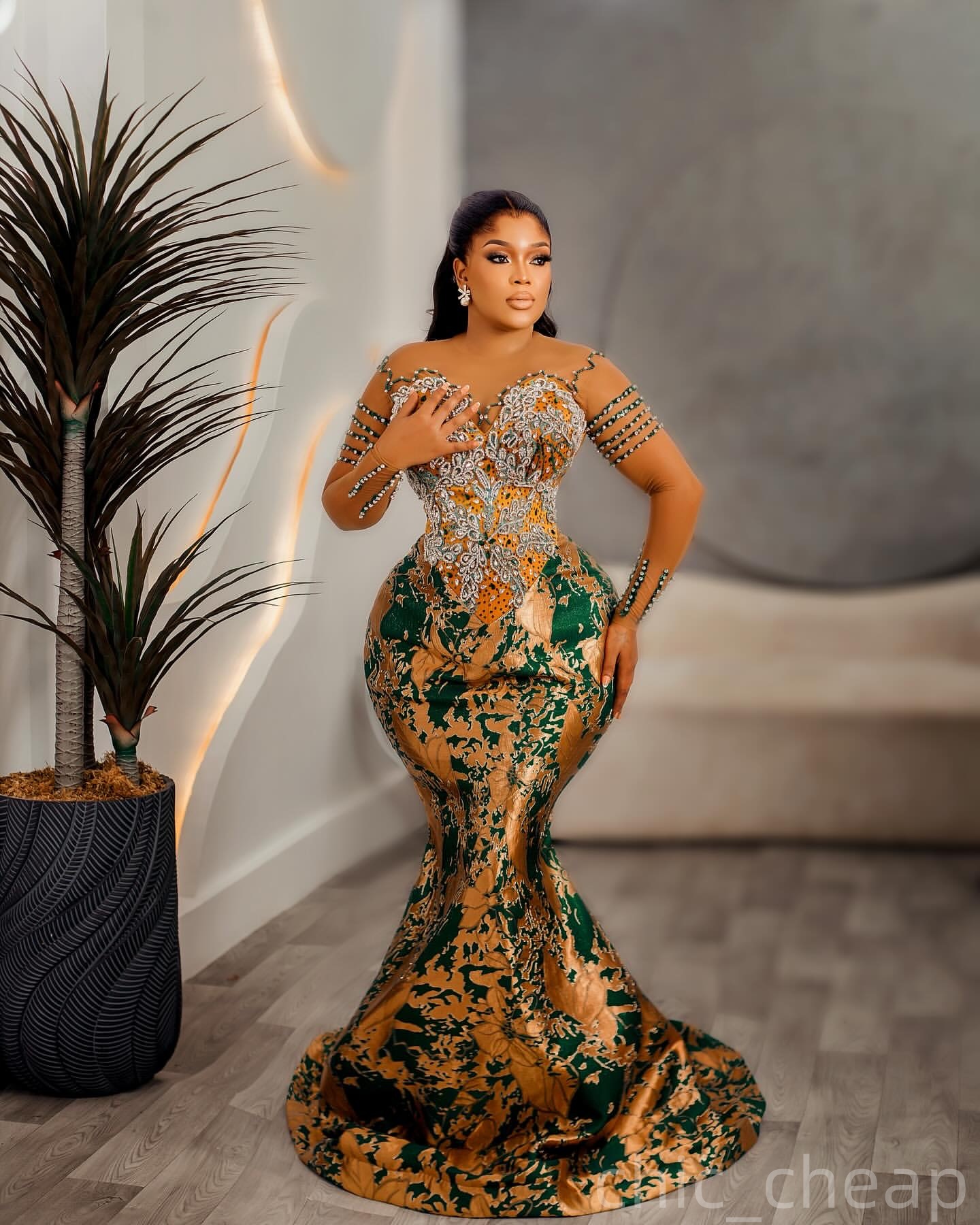 Gold Green Mermaid Prom Dresses 2025 Crystals Beaded Lace Evening Formal Party Second Birthday Engagement Gowns Plus Size Dress For Special Occasions 