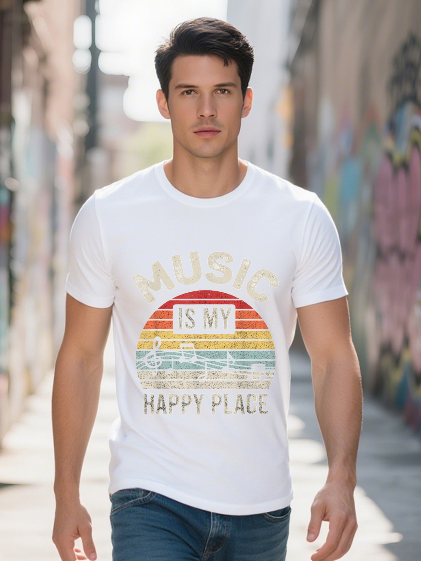 Men s Retro Is My Happy Place Graphic T-Shirt Cotton Short Sleeve Round Neck Music Inspired Design