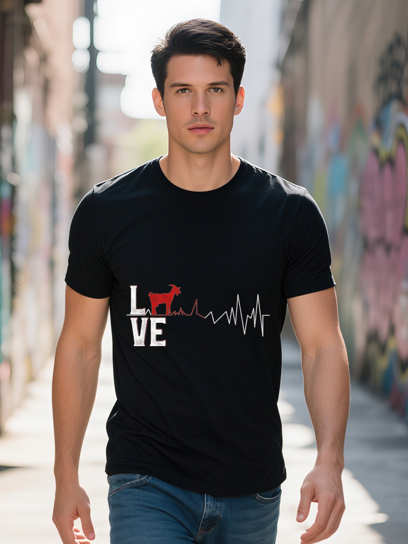 Men s Cotton T Shirt Funny Goat Heartbeat Design Casual Crew Neck Short Sleeve, washable, perfect for 85811