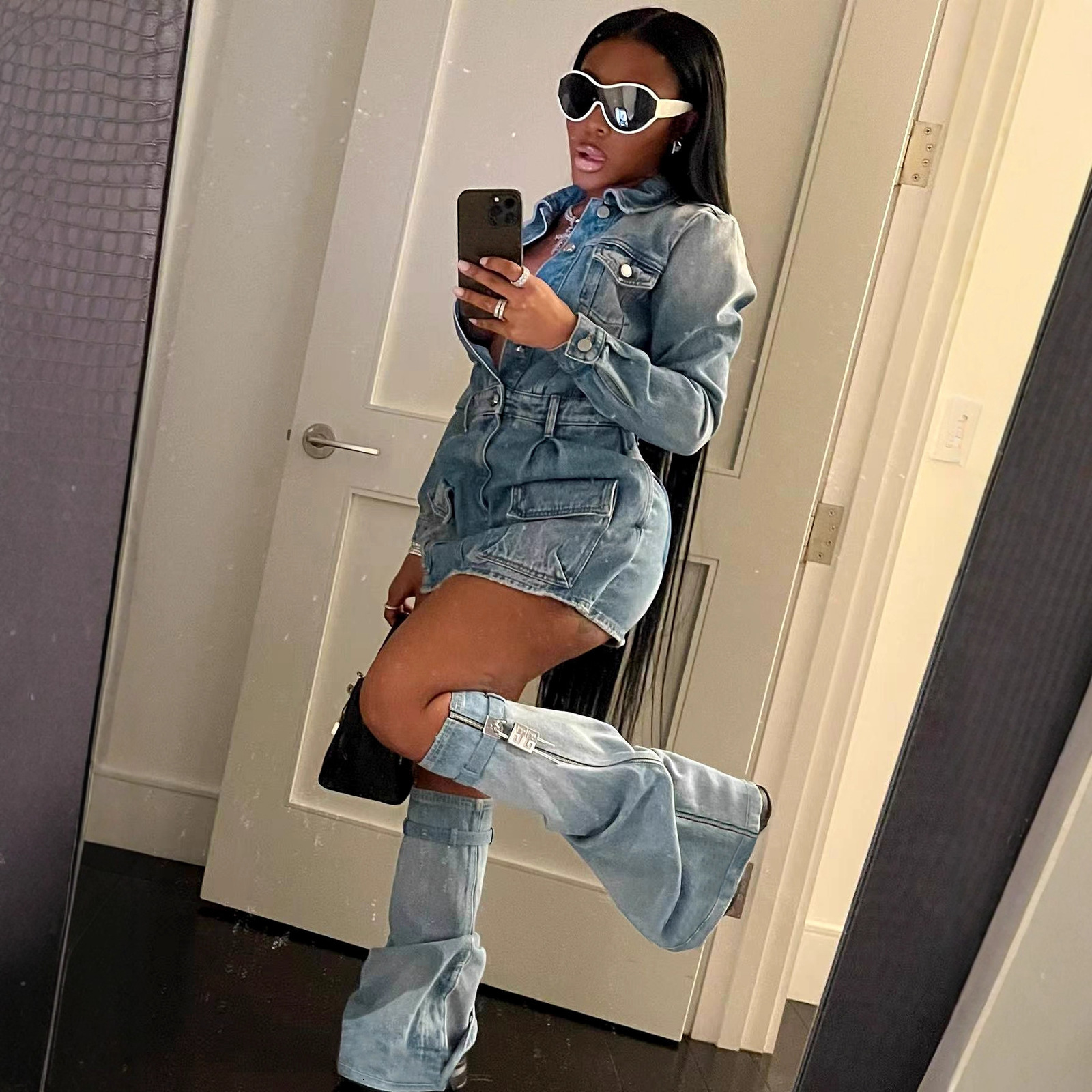 Casual Fashion Slim Belt Loop Ankle Boots Decoration Denim Dress for Women 250804