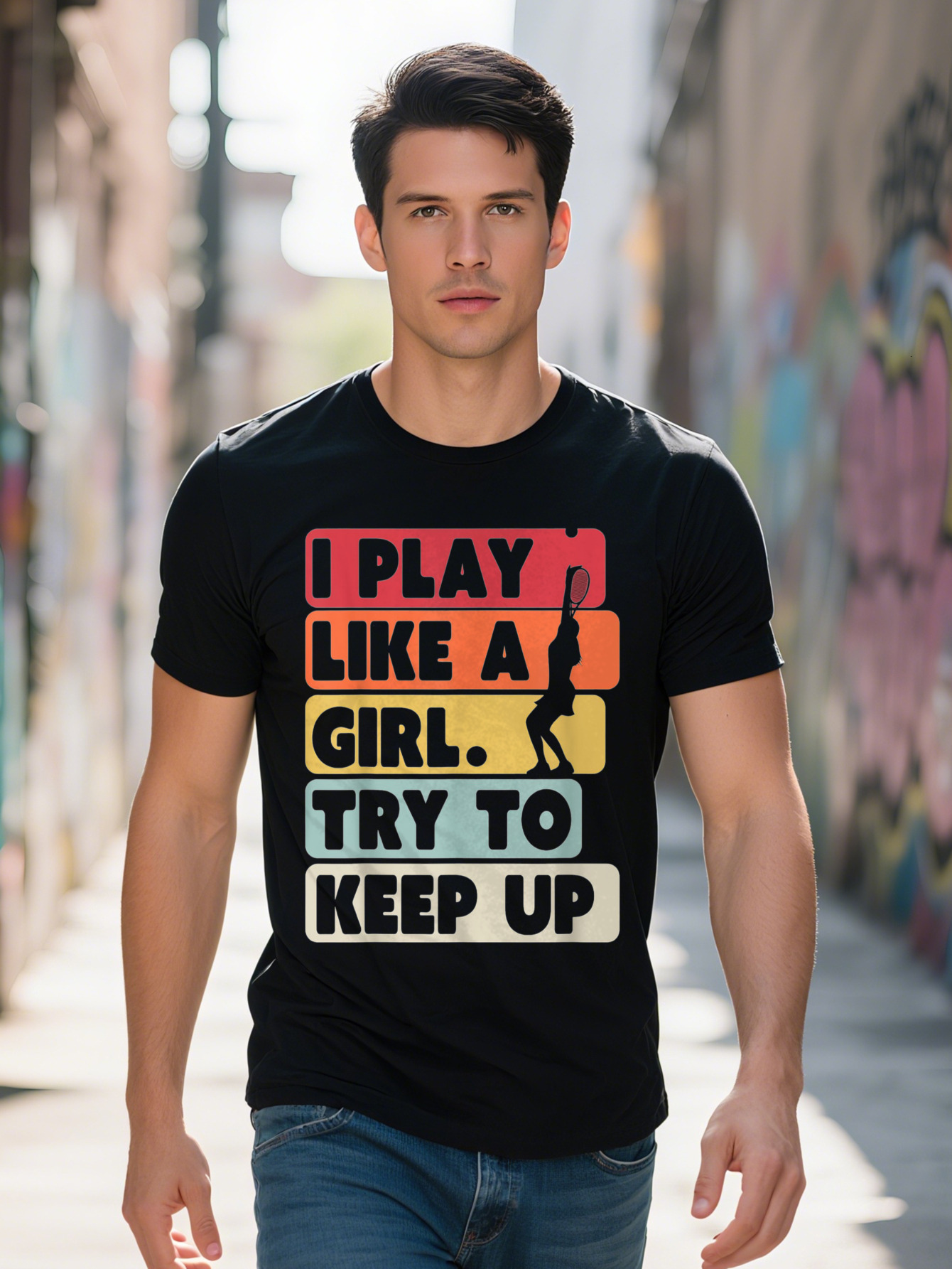 Tennis Shirt Retro Style I Play Like A Girl Try To Keep Up Cotton T-Shirt 87813 3ac42