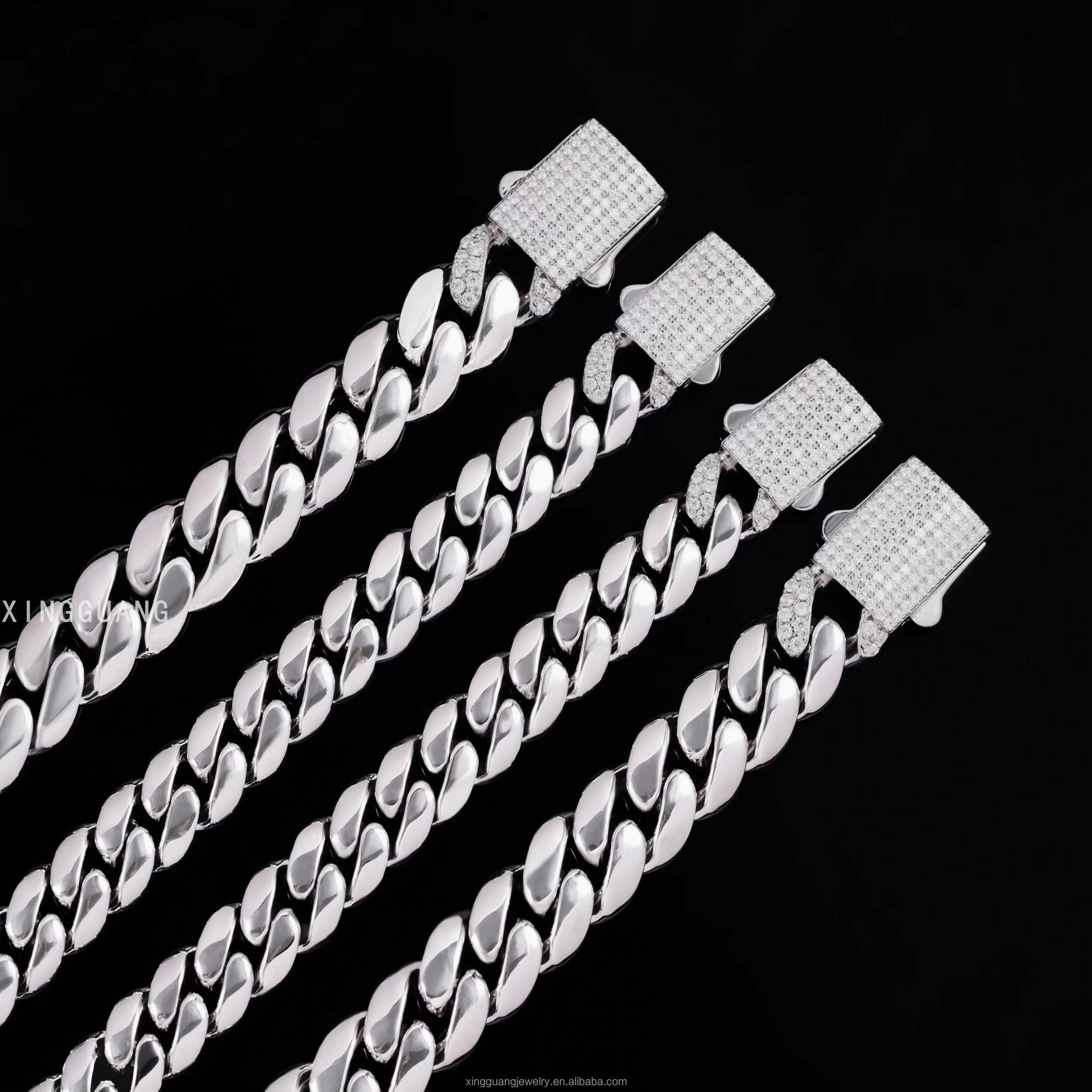 New Design Cuban Link Chain Hip Hop Jewelry 10mm 12mm Solid Silver Ice Out Bling Moissanite 100% Pass Test Cuban Necklace Link