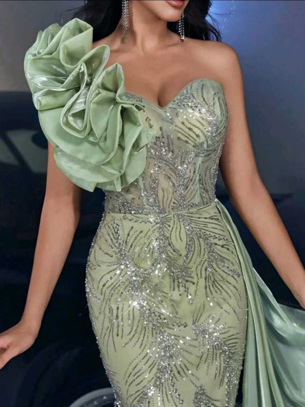 Sparkly Evening Dresses For Women One Shoulder Sleeveless Gown Sequins Lace Sweep Train Dress Party Customized