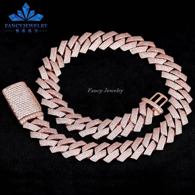 Drop Shipping Rose Gold Plated 925 Silver 4 Rows Hip Hop Iced Out Classical Style Chain 16mm 18mm 20mm Cuban Link Necklace GRA
