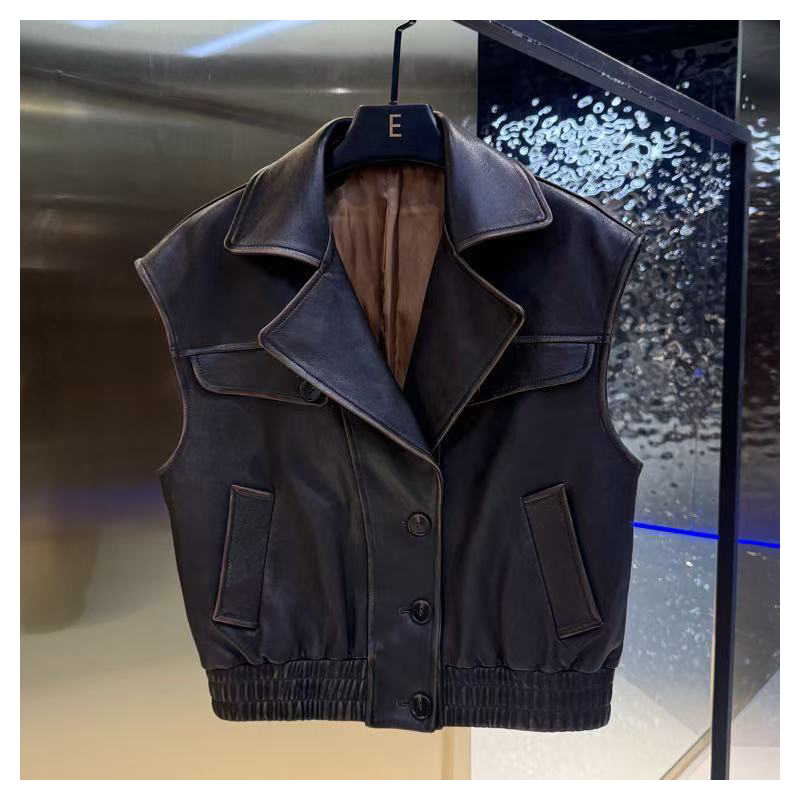 2025 Autumn/Winter New Sheepskin Retro Leather Used Scratch Tank Top Motorcycle Coat