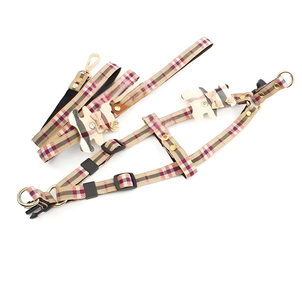 Designer Sets Classic Plaid Bow Teddy Collar Dog Walking Rope Chain For Small Medium Pet Harness Suit Leash Set S Free shipping
