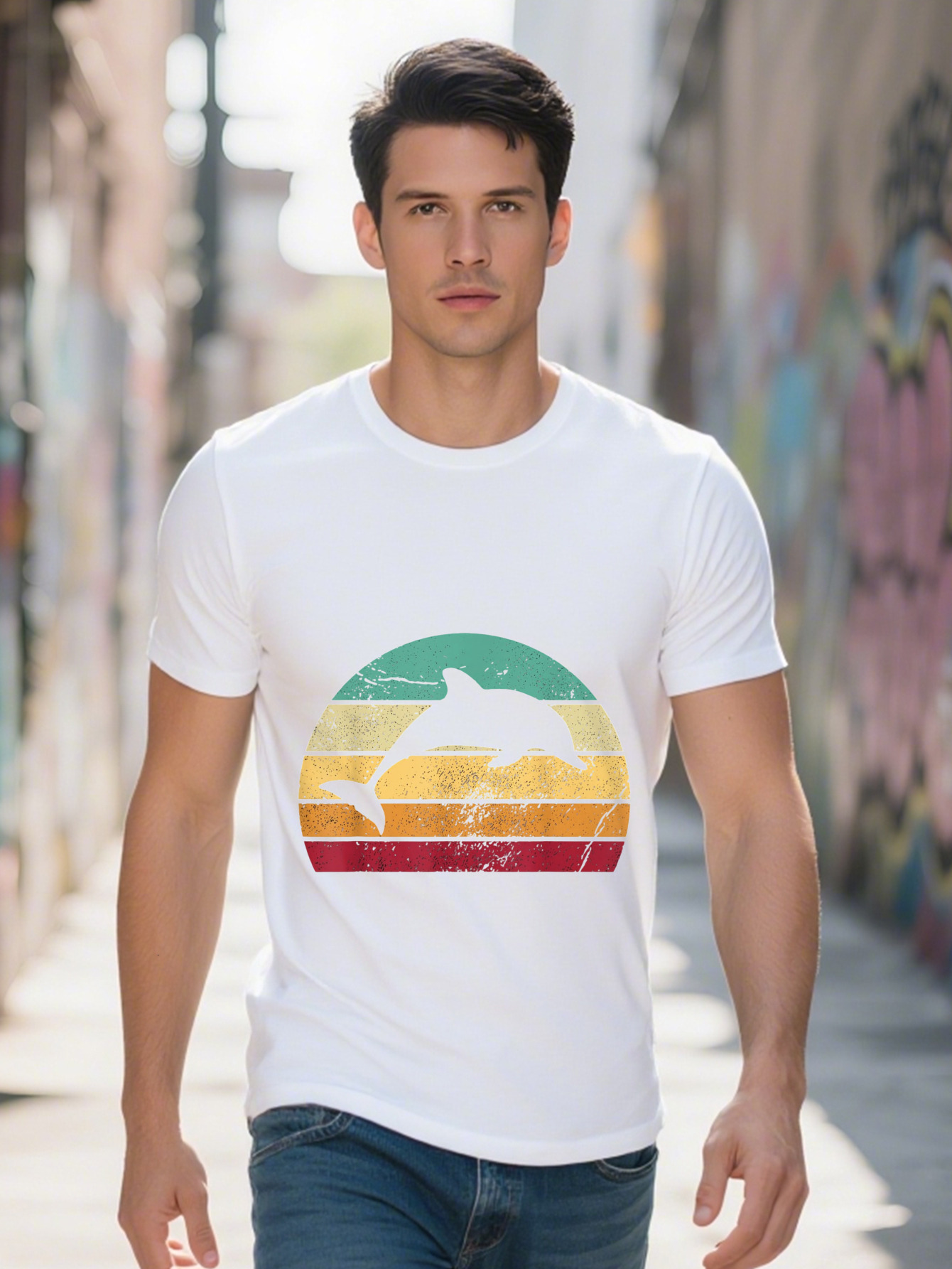 High Quality Men's Cotton T-Shirt Vibrant Dolphin Sunset Graphic Casual Short Sleeve Crew Neck Perfect 20432