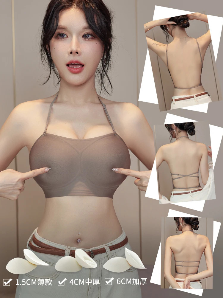 MOYISU Backless Bra Halter Neck UShape Deep Back Push Up Padded for Small Chest Sticky Adhesive Invisible Summer Strapless Bra 250724