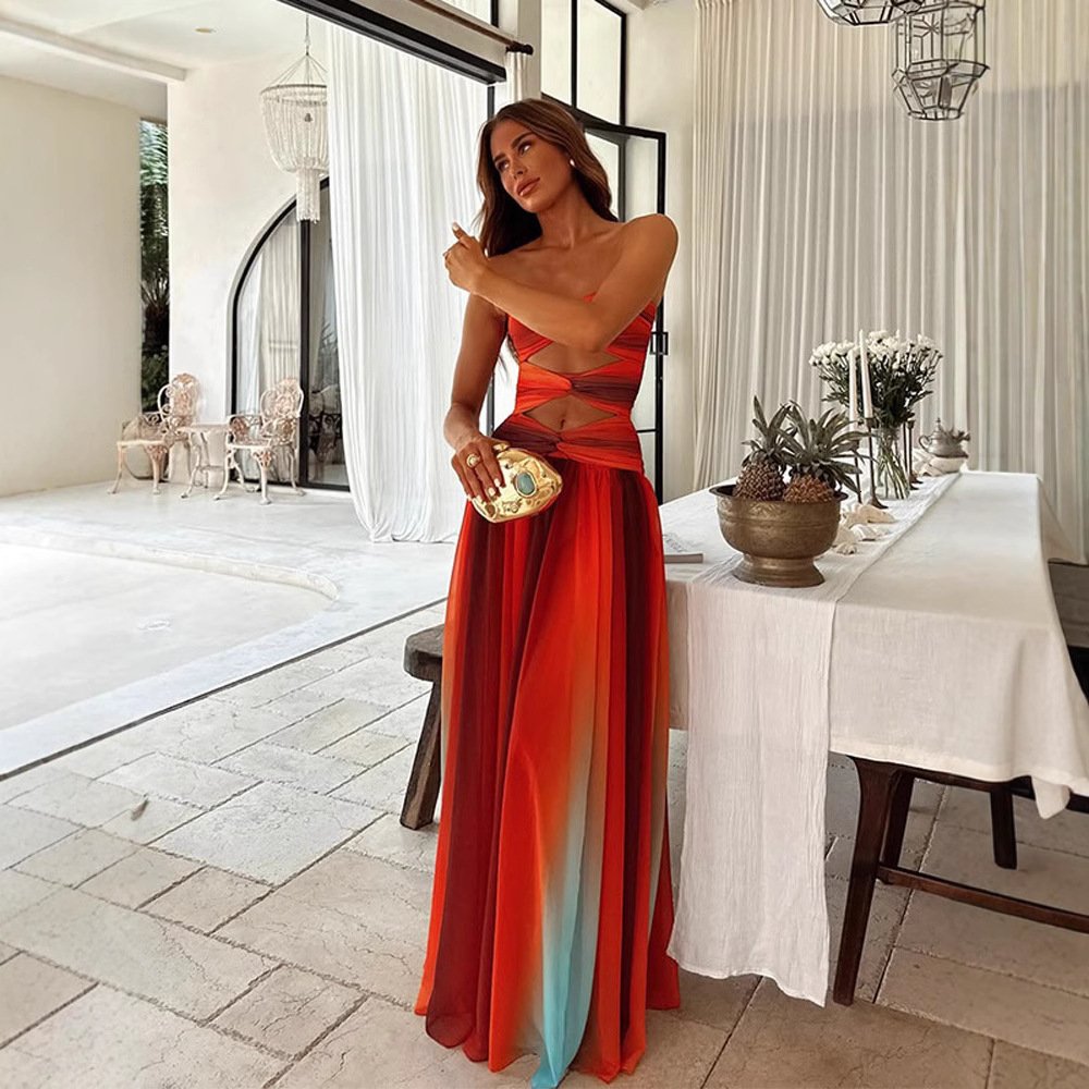 2025 European and American hot selling strapless hollow out vacation beach cross fashion sleeveless dress, new designer dress