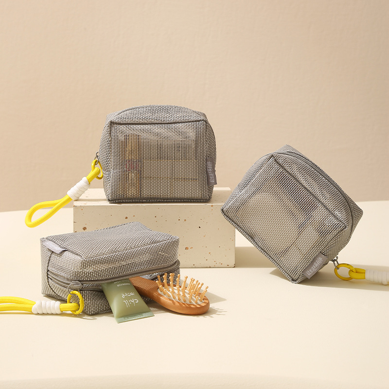 Grey grid portable makeup bag for travel, washing, multi-purpose cosmetics storage bag with hanging rope swissmilitary