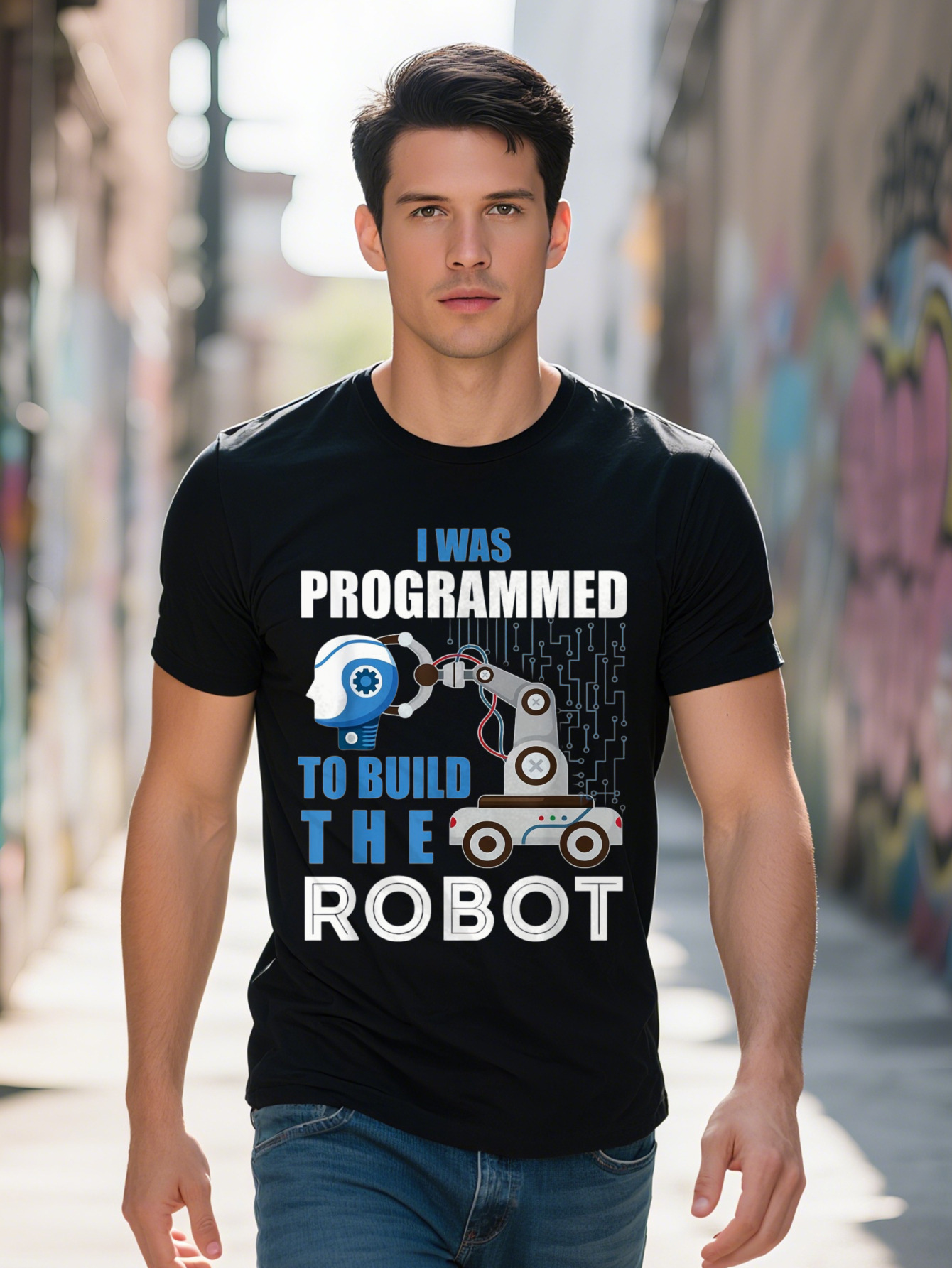 Men s Funny Robotics Engineer T Shirt I Was Programmed to Build the Robot Design Cotton Short Sleeve Black 9bb43 b047a
