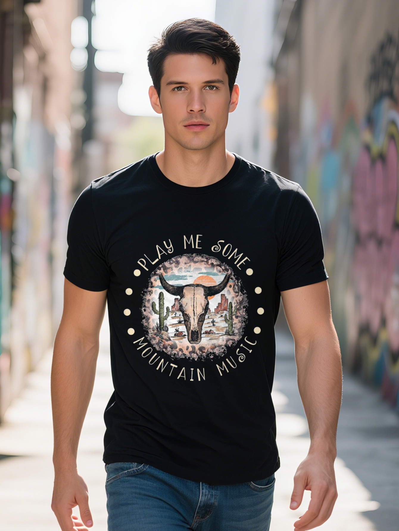 Men s g Cotton T Shirt Rodeo Desert Graphic Tee with Play Me Some Mountain Music Art Black Short Sleeve Round a51c8