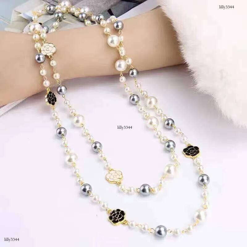 DHcollections NK-123 Oil Drip Rose Flower Style Pearl Layerable Long Sweater Chain Necklace Jewelry Wholesale