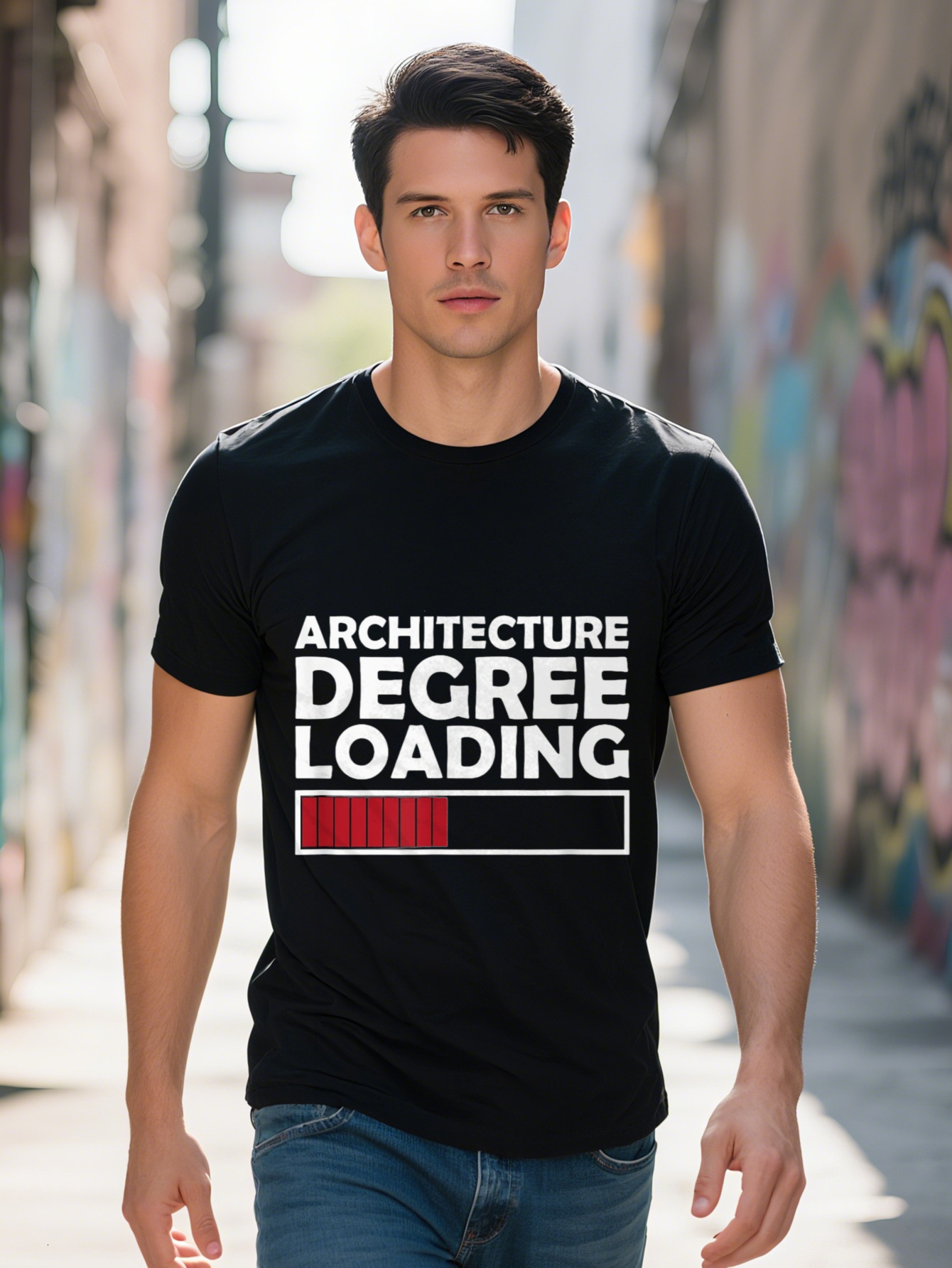 Men s Cotton T Shirt Architecture Degree Loading Funny Design Black with Red Progress Bar Graphic Casual Crew ecaa8