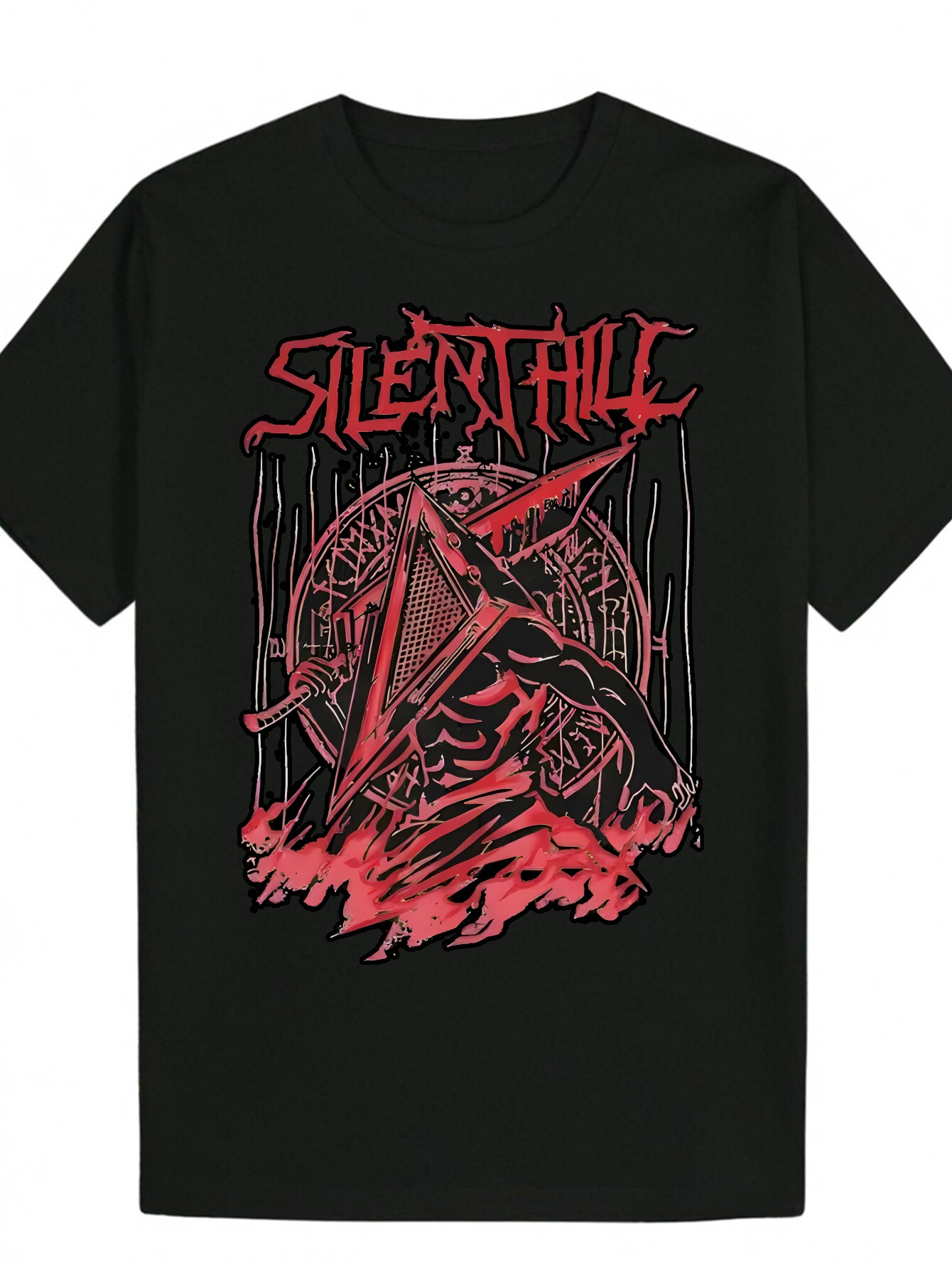 Men's Black Pattern Printed - Gothic Skull and Crossed Swords Design, 100% Polyester, Regular Crew Neck, Machine Washable Summer T-Shirt Dramatic