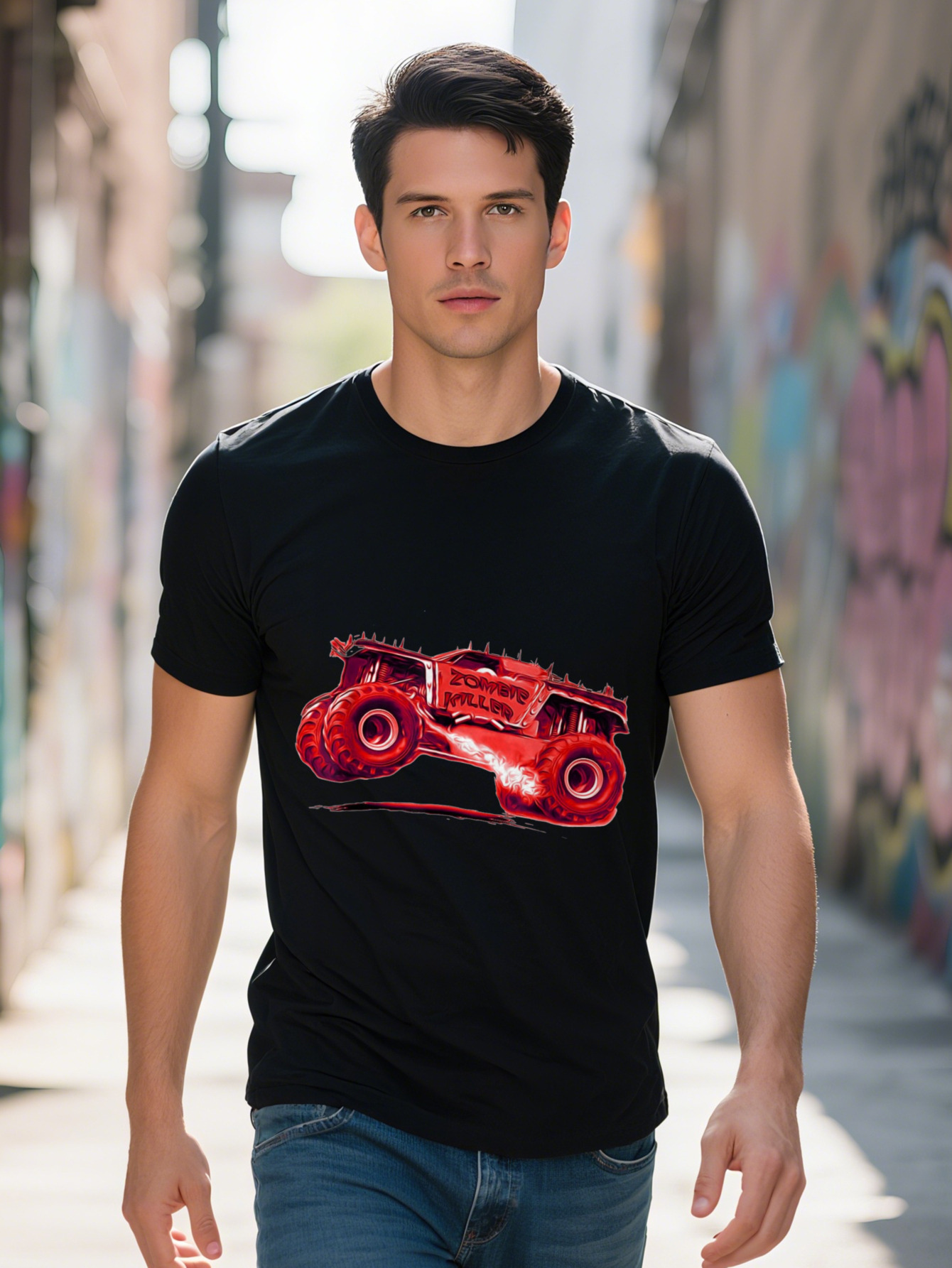 Men s g T Shirt Zombie Killer Monster Truck Graphic with Vibrant Red Cartoon Print Regular Fit Short Sleeve aaf80