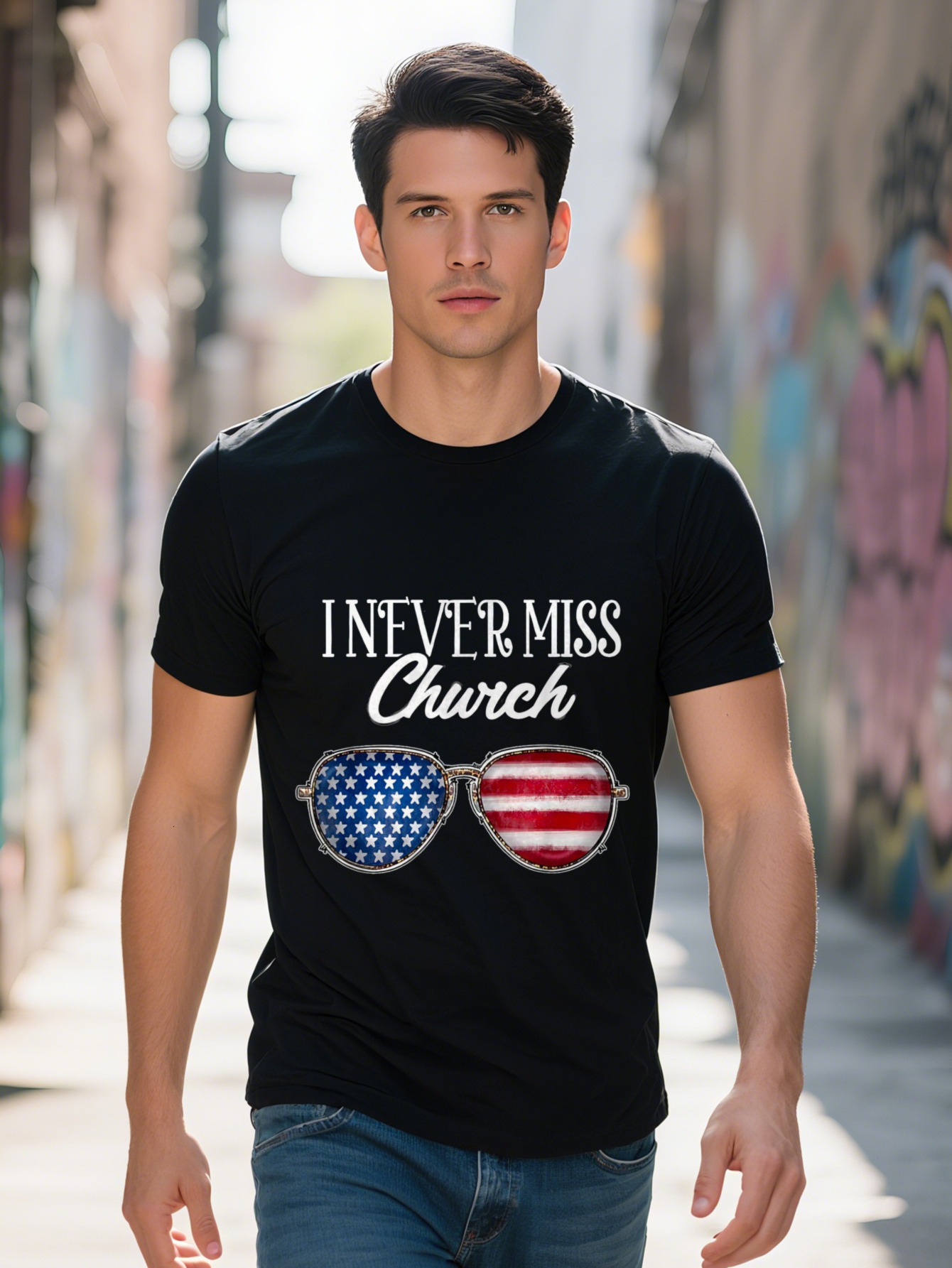 Men s Cotton T Shirt Retro Glasses American Flag Design I Never Miss Church Graphic Short Sleeve Tee 59d6a