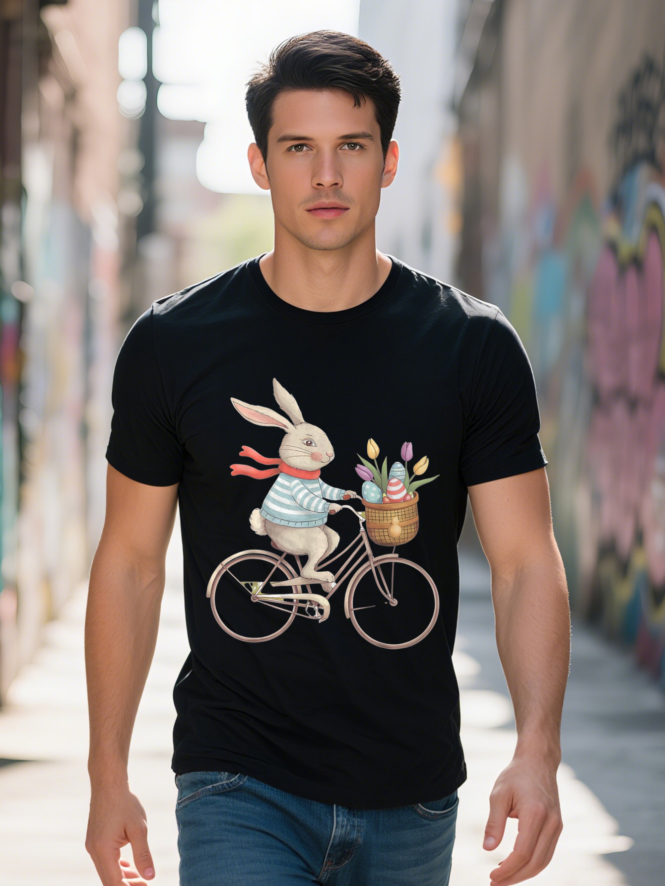 Funny Bunny Riding Bicycle Graphic T-Shirt Cotton Breathable Short Sleeve Tee with Striped Sweater Tulips Design 509a0