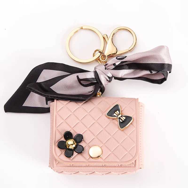 Fashion Korean Flower Bow Scarf Keychain Leather Earphone Storage Bag Mini Bag Charms for Women Cute Elegant Pendant Coin Purse G250802