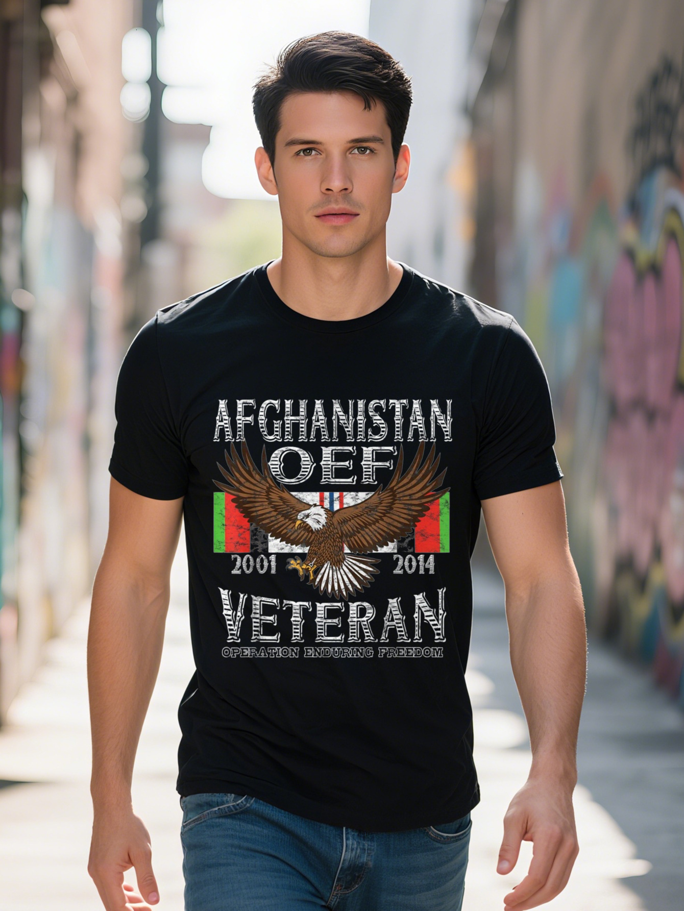 Men s Cotton OEF Veteran T Shirt Afghanistan Operation Enduring Freedom Graphic Tee Black Short Sleeve Fit 4c12b