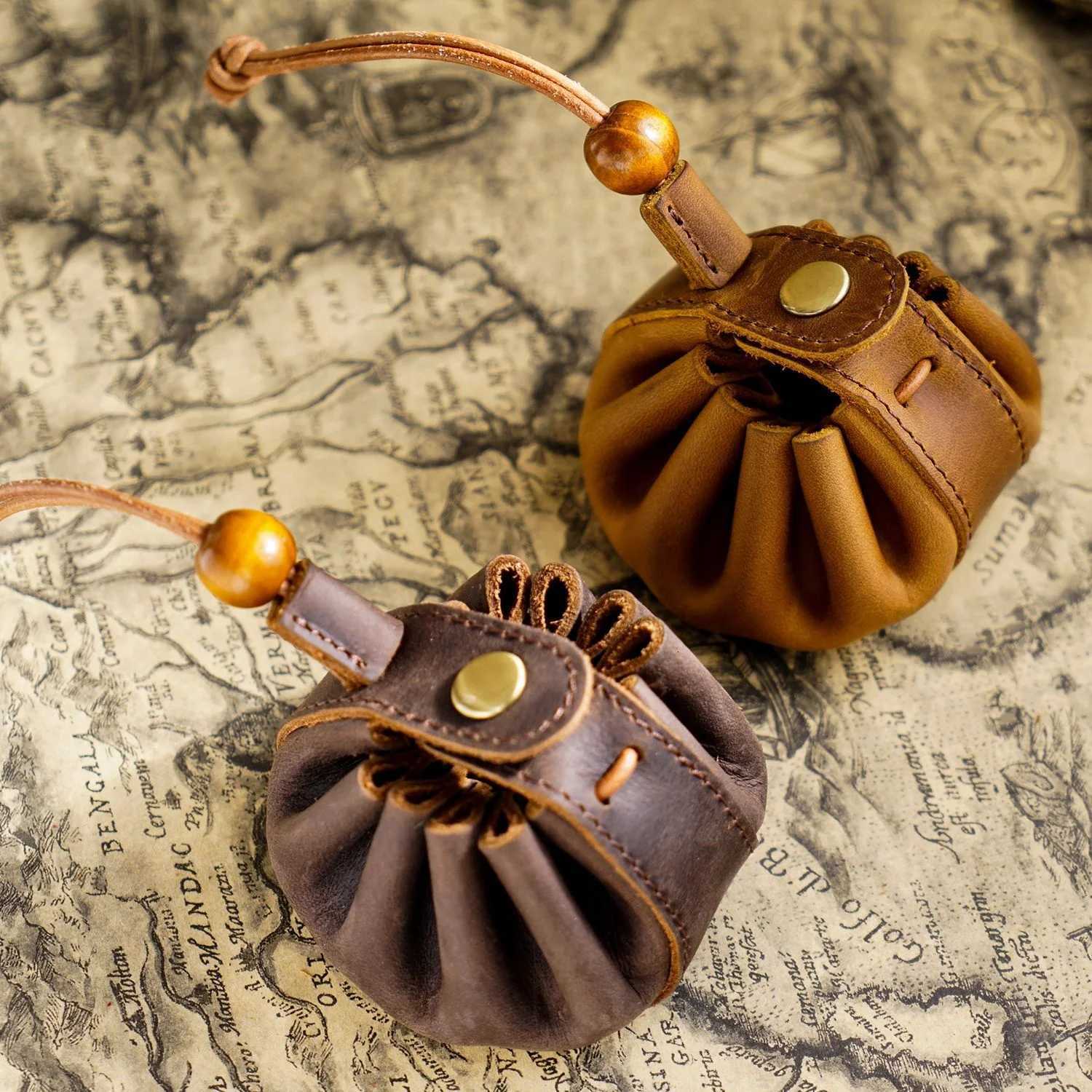 Genuine Leather Unisex Coin Purse Drawstring Key Holder with Snap Retro Wallet Money Pocket Mini Storage Bag Wholesale G250802