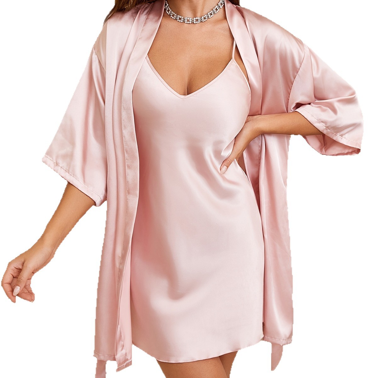 B1004-Women's pajamas autumn and winter solid color nightdress female European and American summer nightgown suspenders two-piece home clothes