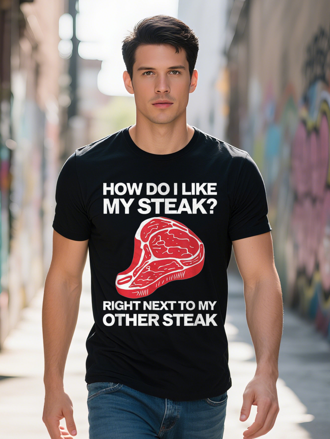 Men s g Cotton T Shirt Funny Lover Graphic Tee with How Do I Like My Steak Pun Cartoon Meat Design Black 3bb09