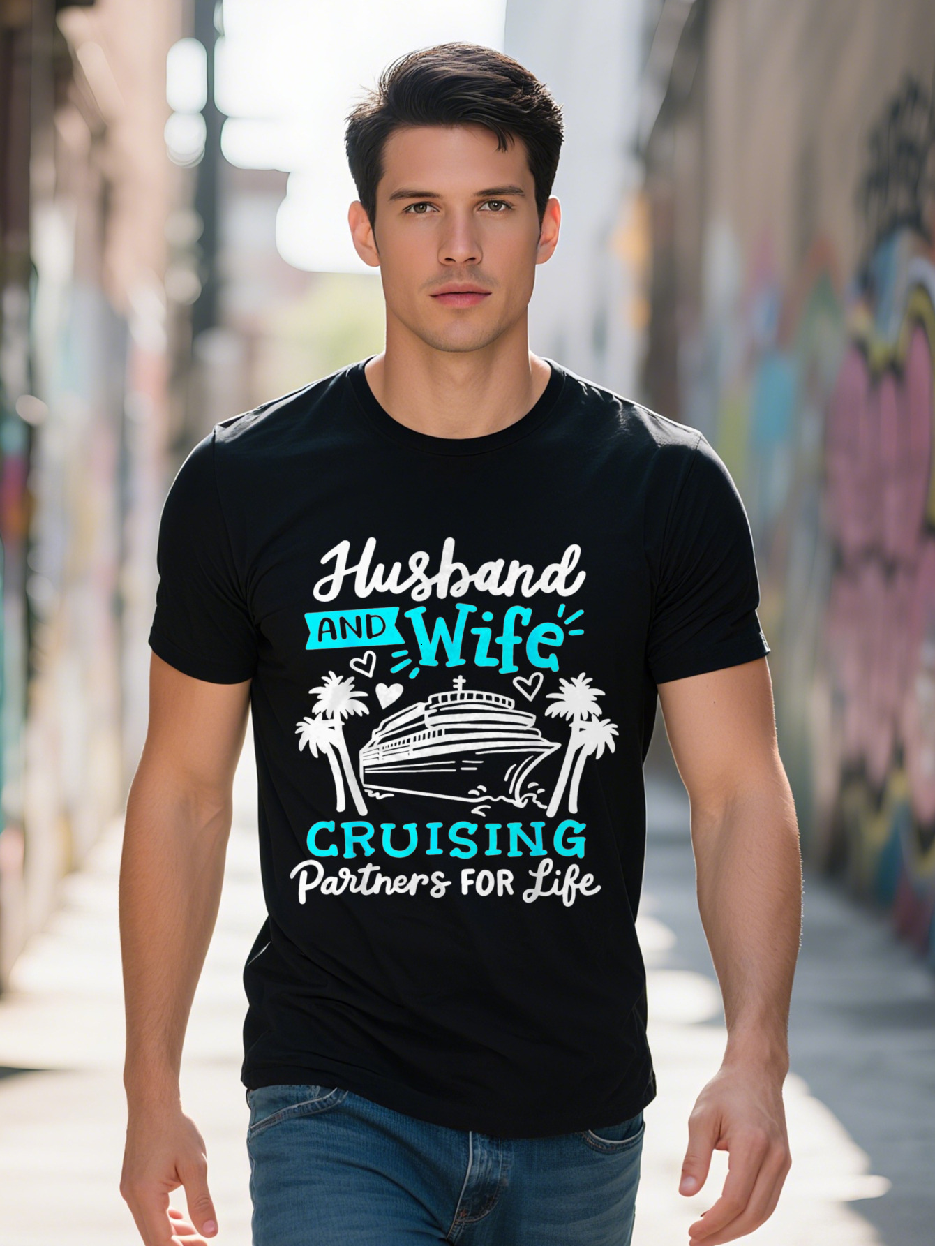 Husband Wife Cruising Partners Life Men's Cotton T-Shirt Round Neck with Fun Ship Palm Tree Design Short a5b4f