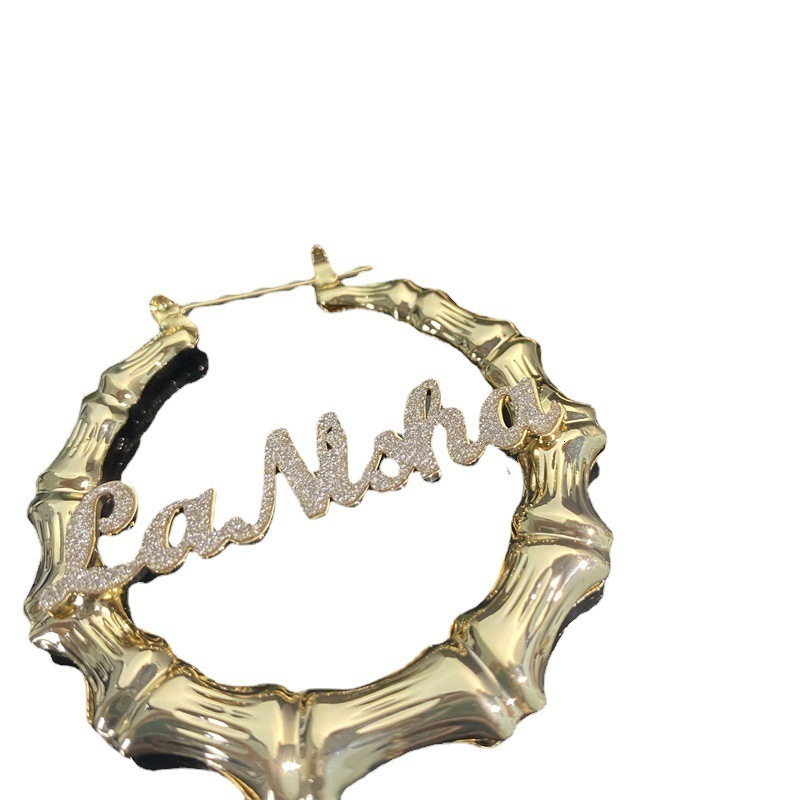 Personalise Bling Bamboo Hoop Name Earring Stainless Steel Earrings Bamboo Style Custom Hiphop Name Jewelry For Her 250327