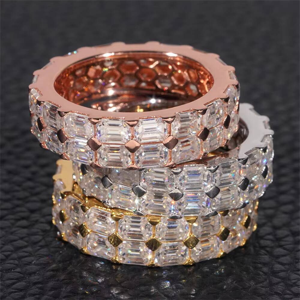 Hip Hop Jewelry Baguette Moissanite S925 Two Row Hip Hop Ring Factory Price Rapper Ring Iced Out Ring for Man