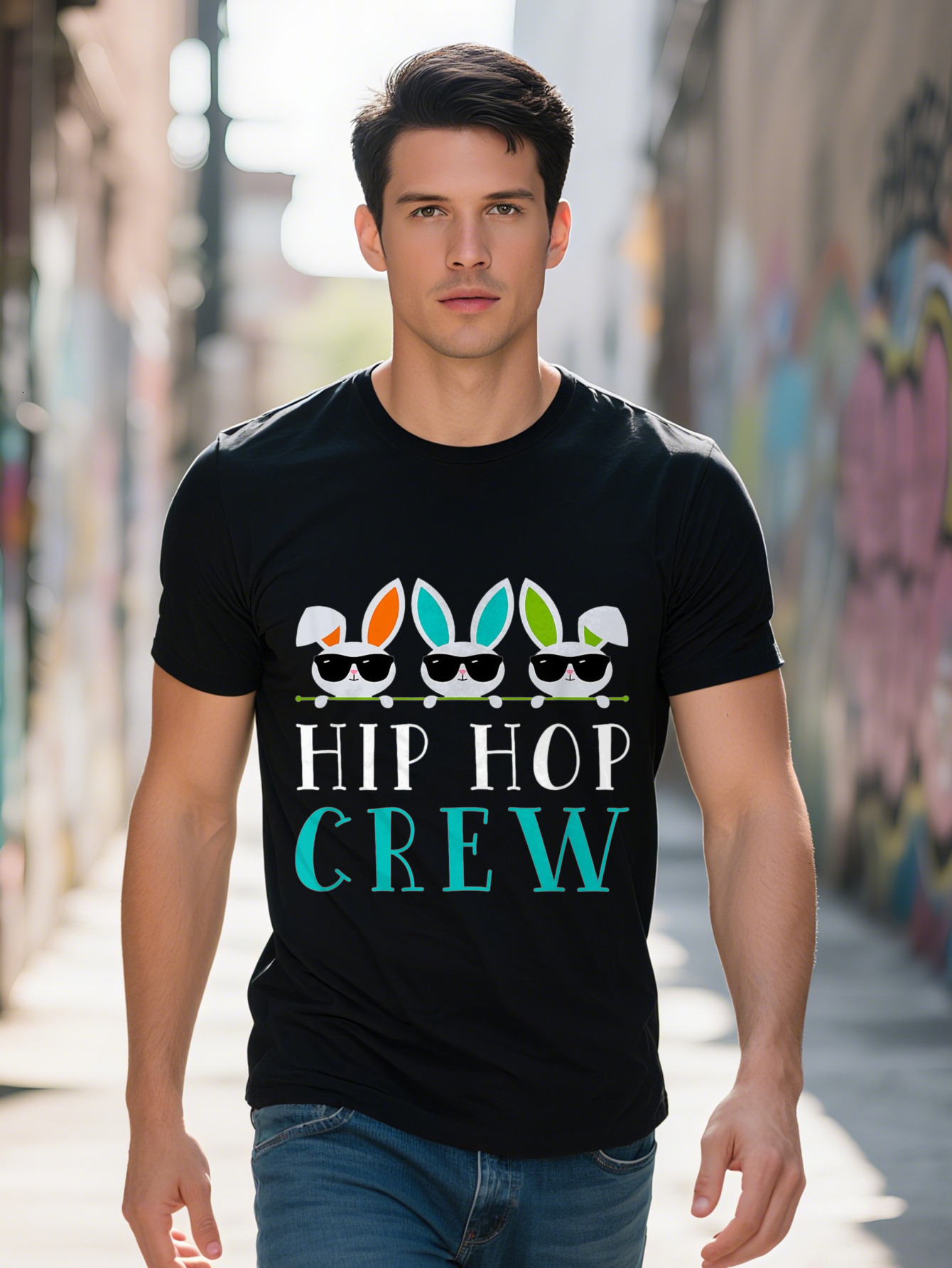 Hip Hop Crew Bunny Fashion Glasses Graphic T-Shirt Cotton Breathable Short Sleeve Tee with Cartoon Rabbits Bold 1d48b