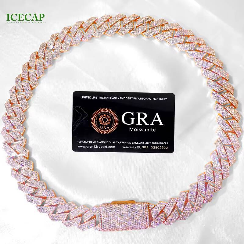 Hot Moissanite Chain Miami Cuban Link Necklace Men Hip Hop 925 Silver Rose Gold Plated 20mm Moissanite Cuban Link Chain Men