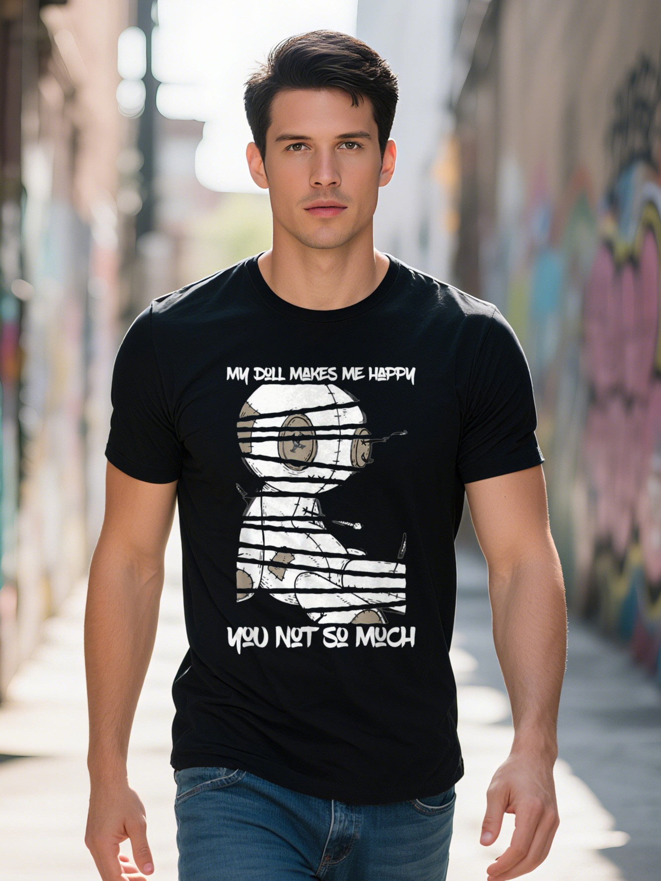 Men s Cotton Graphic T Shirt My Makes Me Happy Creepy Design Short Sleeve Crew Neck Fit Black with White c1867