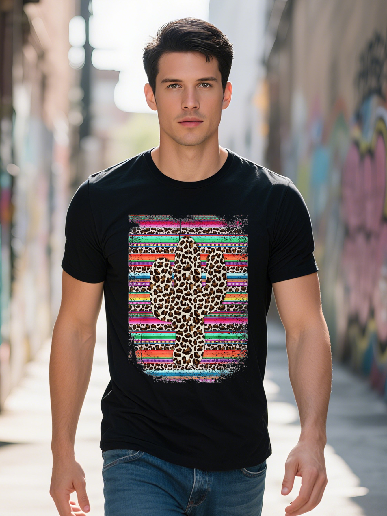 Men's Pink Cotton T-Shirt with Western Serape Cactus Leopard Print Short Sleeve Round Neck d25f8