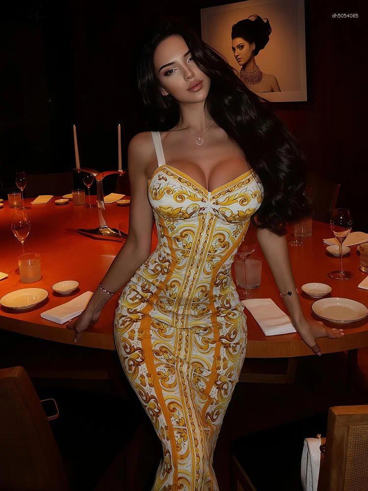 Casual Dresses Party For Women Fashion Sexy Streetwear Printed Slash Neck Strap Sleeveless Sheath Hip Wrap Long Vestidos Robes Female