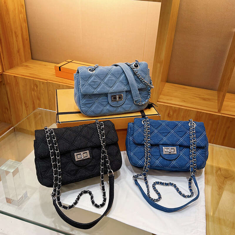 2025 Korean Style New Women's Fashionable Simple designer Denim Shoulder Classic Embroidered bags Quilted Chain Crossbody Bag