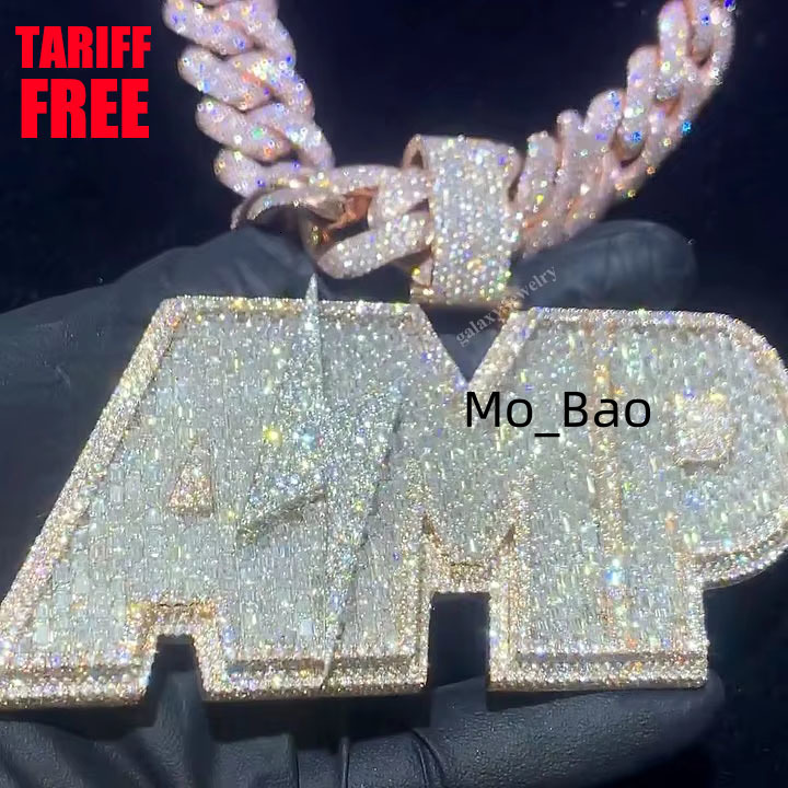 Custom Moissanite Pendant Letter Initial Necklace Chain 925 Silver Hip Hop Vvs Baguette Iced Out Moissanite Name Pendant Men