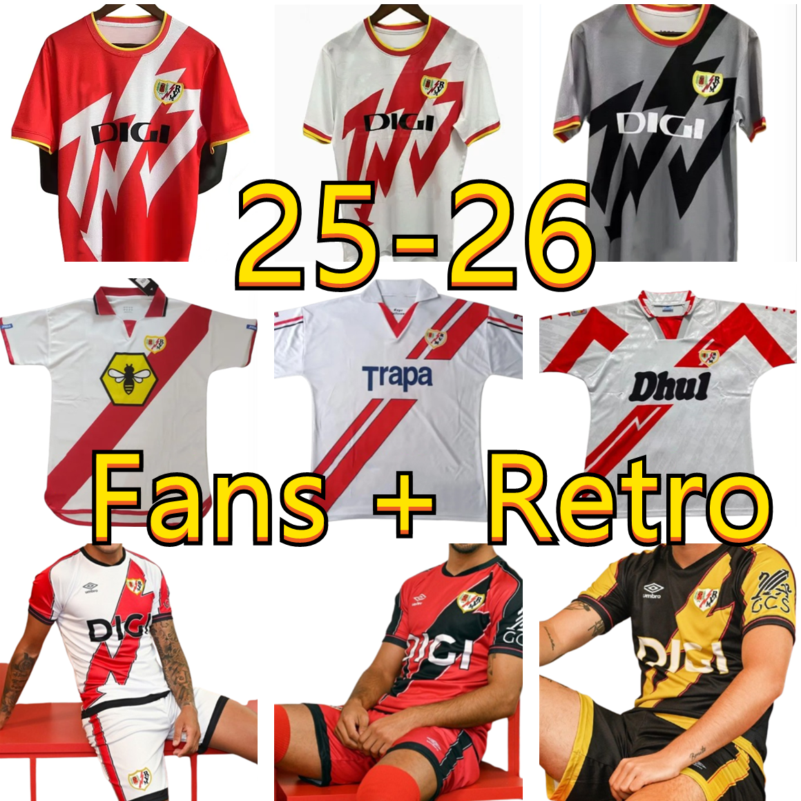 25 26 Rayo vallecano Soccer Jerseys 2001 2002 1994 4995 Retro FALCAO CAMELLO PALAZON ARTEAGA MICHEL ROBERTO PERAGON BOLO TREJO CISS MONTIEL men's football shirt