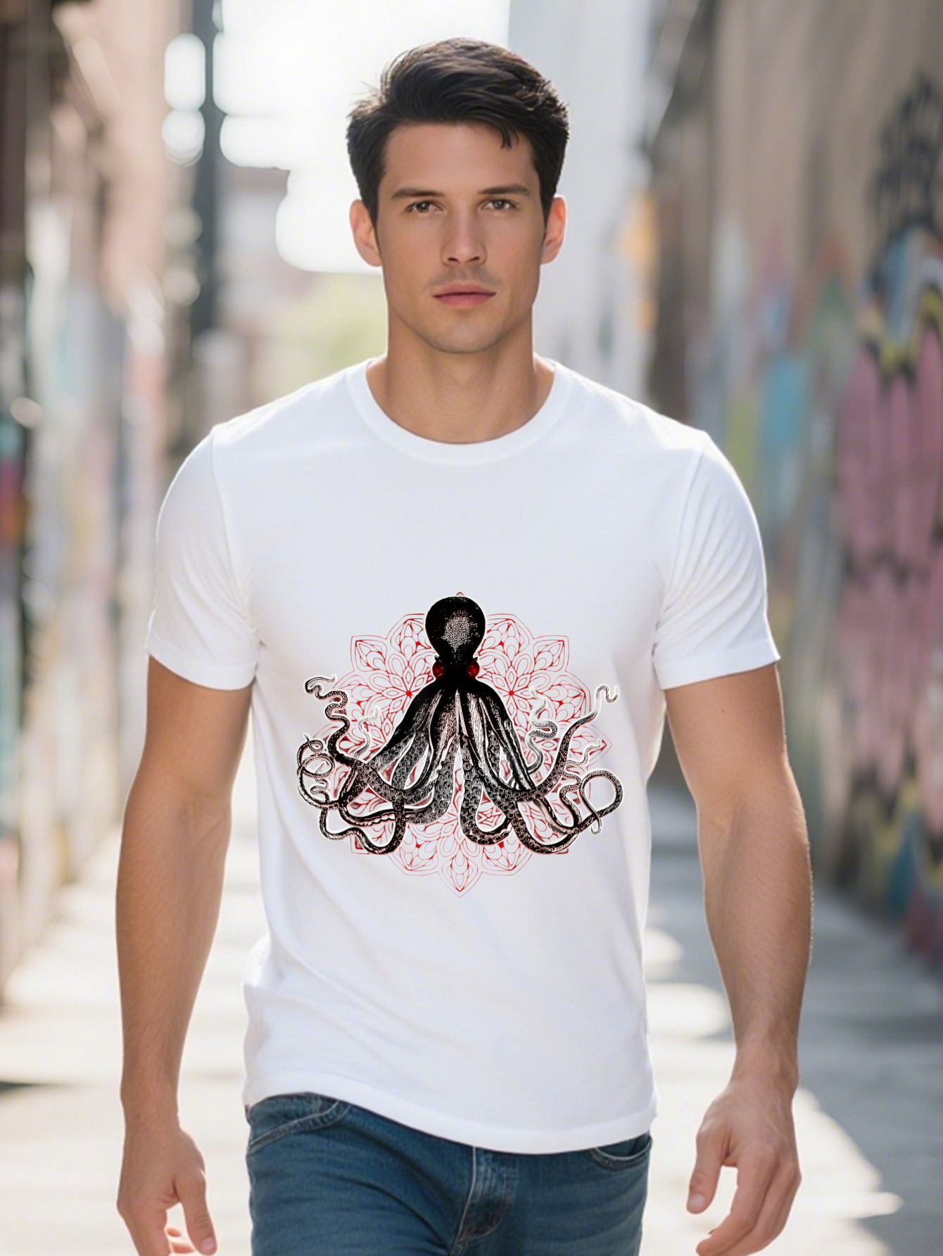 Men s Cotton Octopus Graphic T-Shirt Black with Red White Ocean Design Casual Sea Creature Lover Gift Short 1c1b3