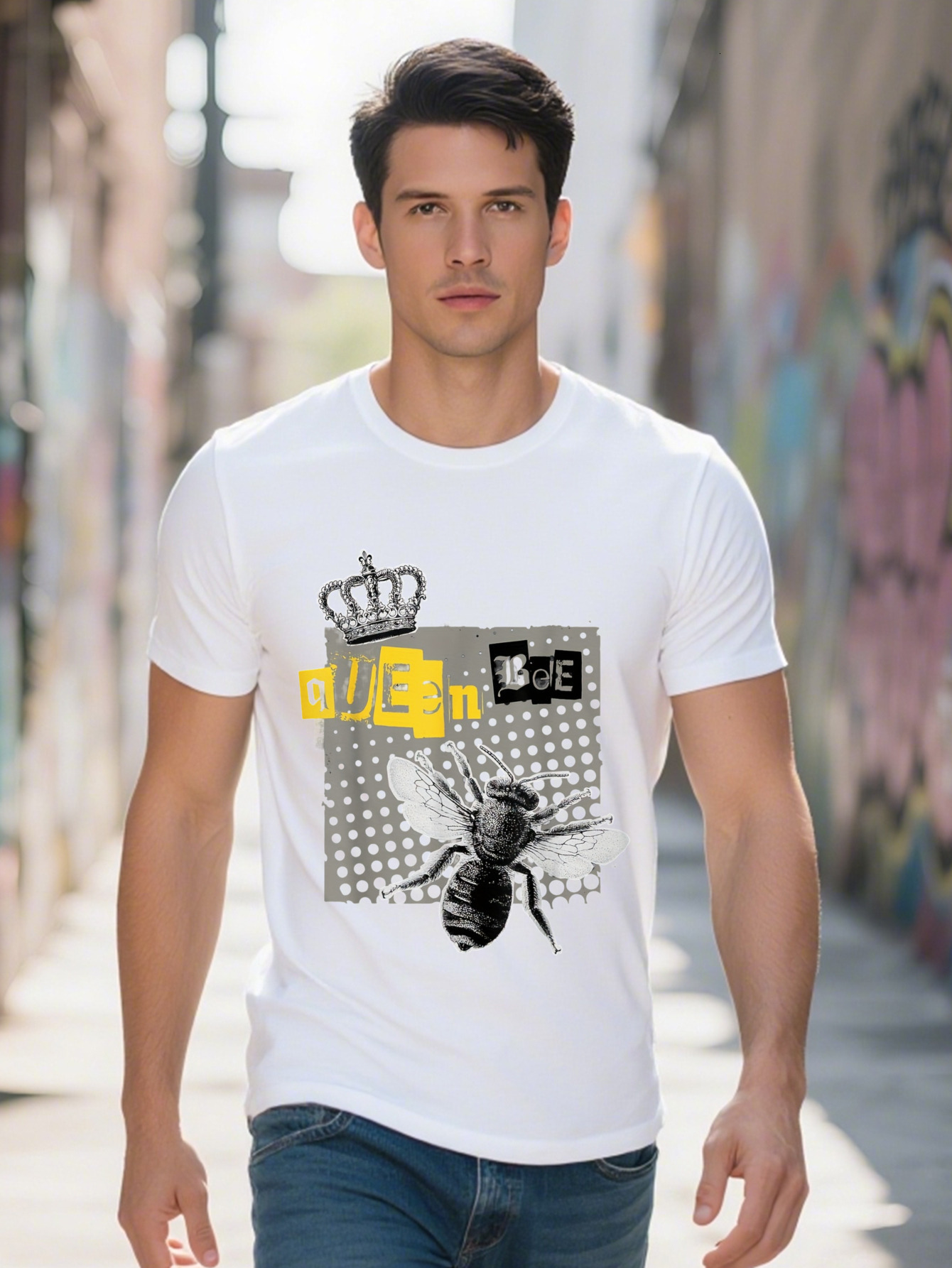 Men s Queen Graphic T Shirt Cotton Funny Beehive Design with Crowned Bee Honeycomb Pattern Casual Short b3ab9