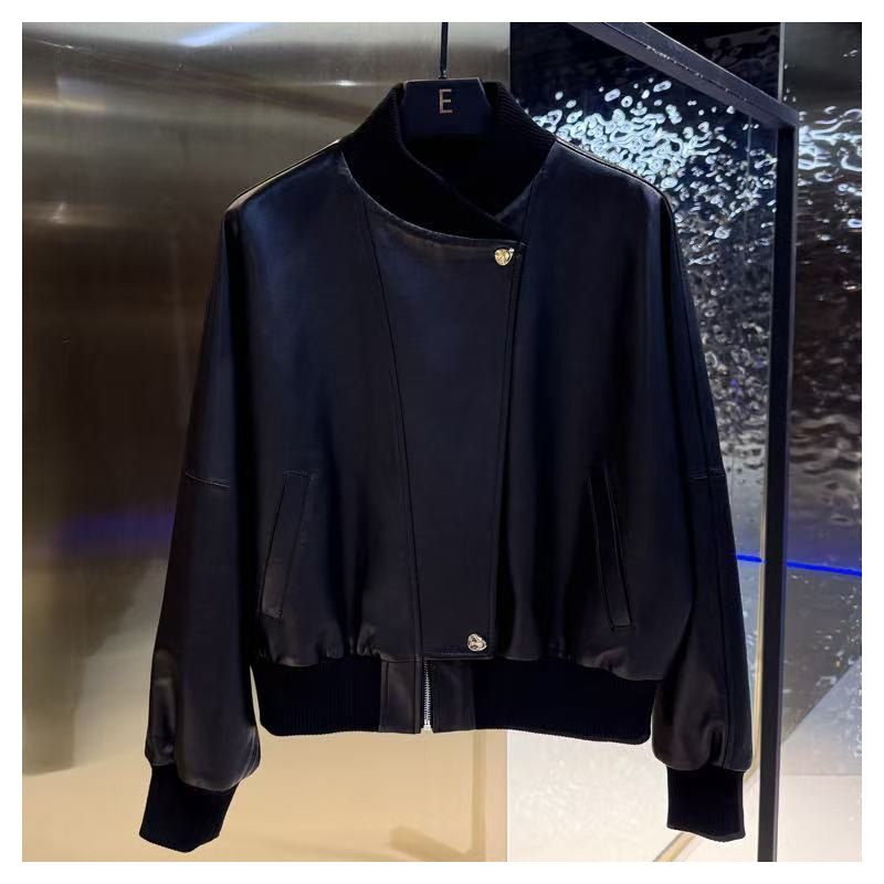 Fashionable black pilot jacket top ribbed stand up collar PU leather jacket men's leather jacket