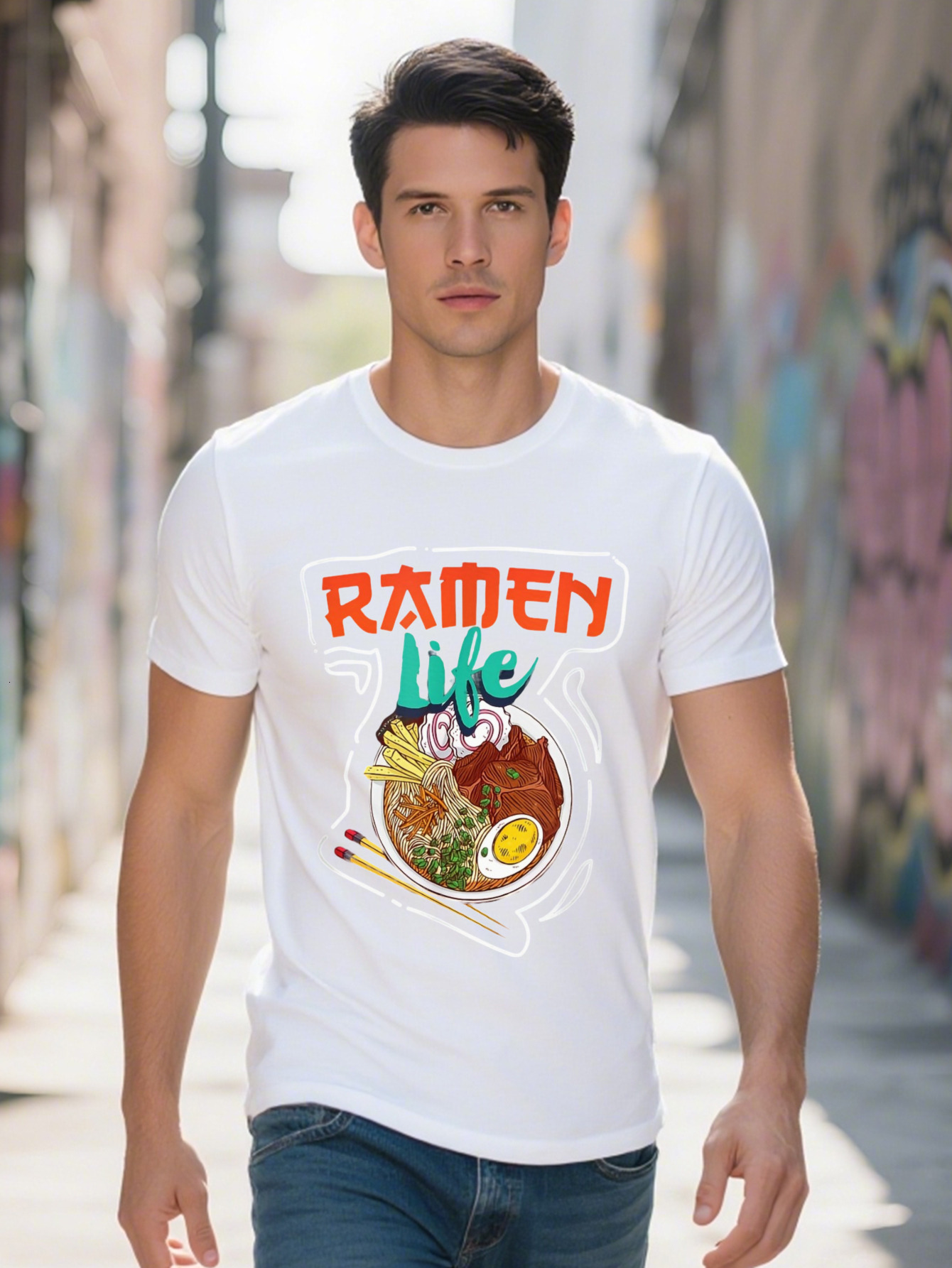 Men s Life Graphic T Shirt Cotton Short Sleeve Casual Anime Noodle Bowl Design Black with Colorful Ramen 25f32