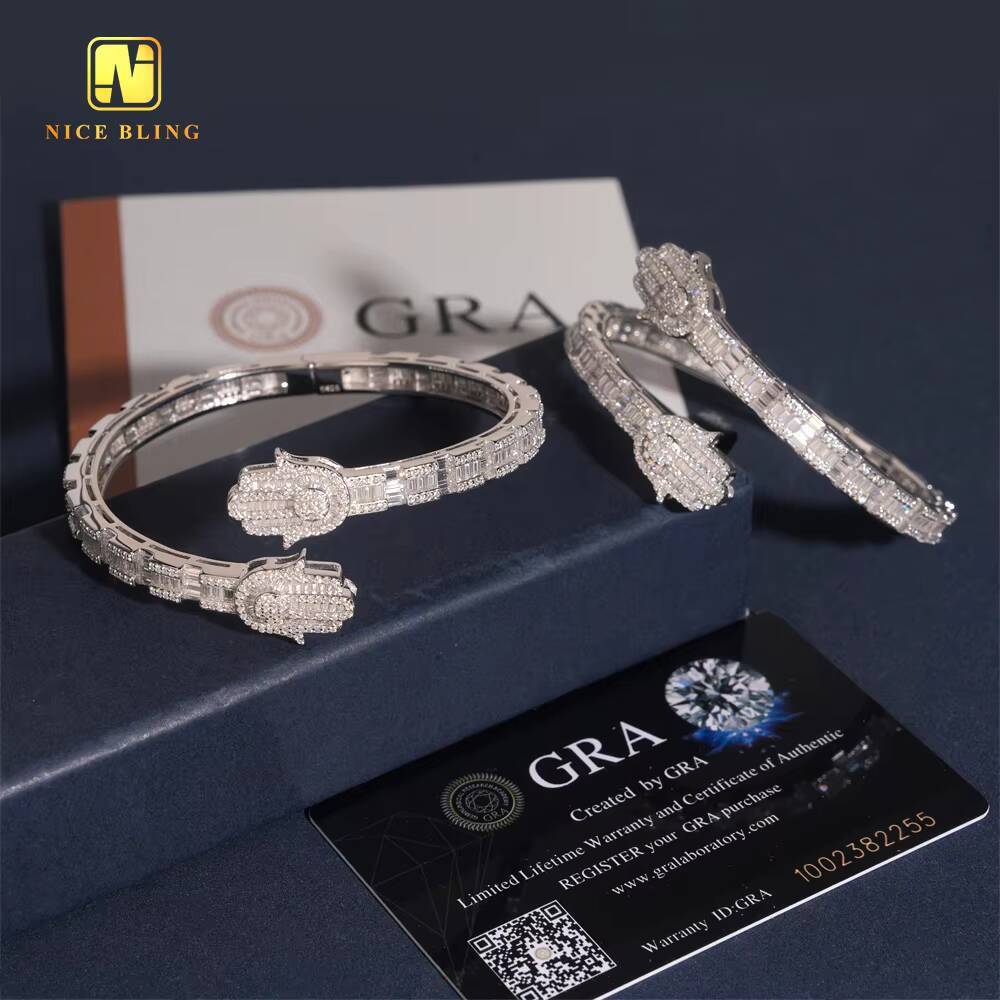 New Design Hamsa Hand Bangle Fine Hip Hop Jewelry Silver Plated Baguette Custom Iced Out 925 Silver VVS Moissanite Bracelet