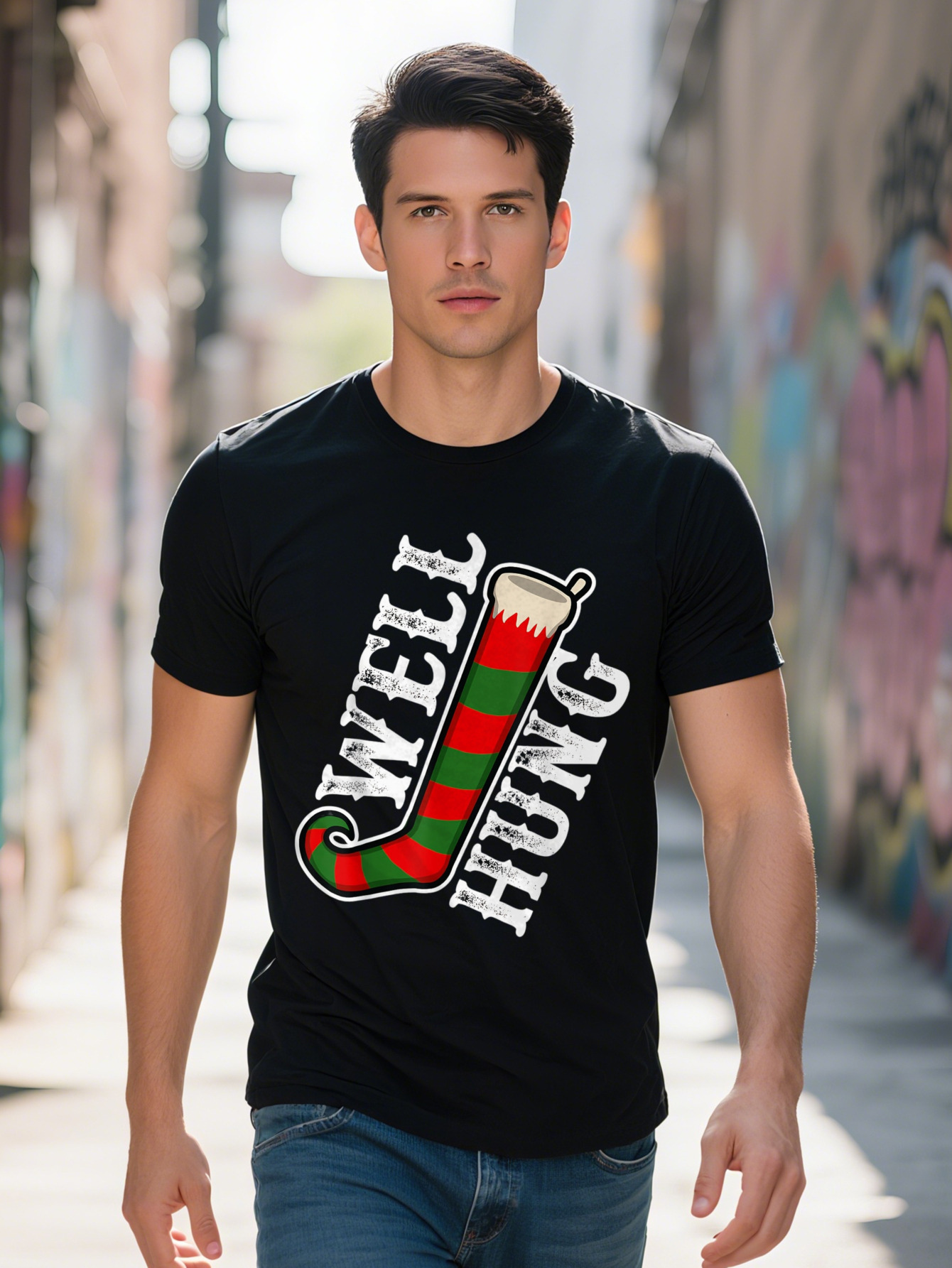 Well Hung Men s Festive Christmas T Shirt Cotton Short Sleeve Crew Neck with Elf Stocking Graphic Casual b3f9c