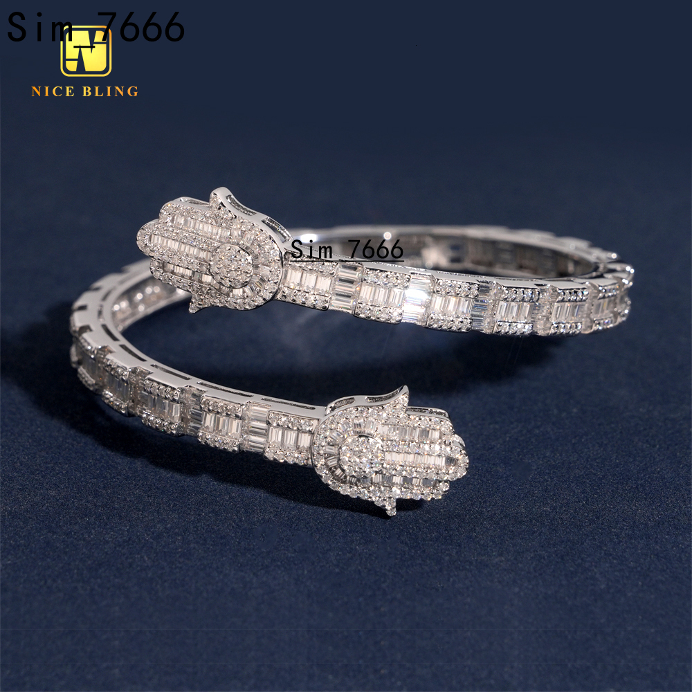 New Design Hamsa Hand Bangle Fine Hip Hop Jewelry Silver Plated Baguette Custom Iced Out 925 Silver VVS Moissanite Bracelet