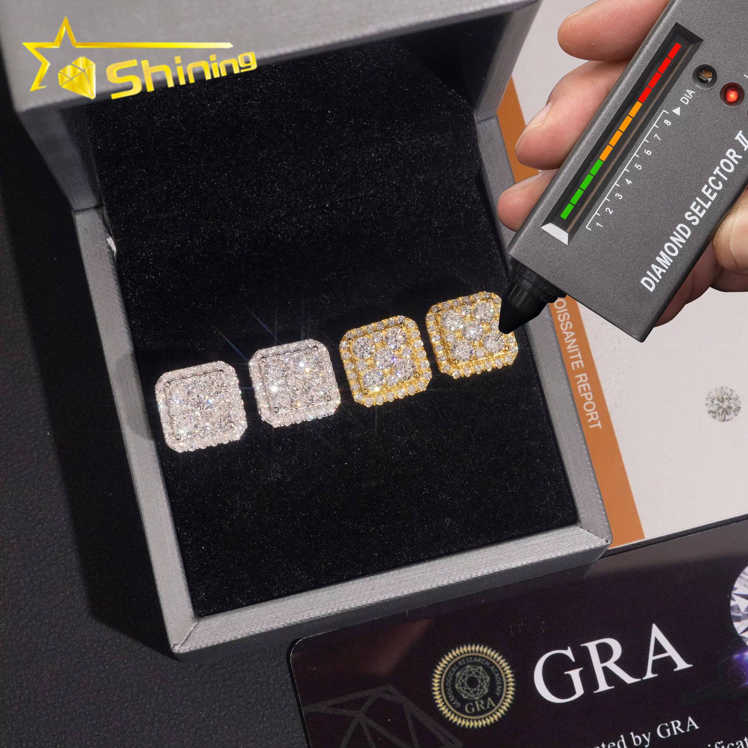 USA Warehouse Fast Shipping Square Shape 11mm Sparkling Moissanite 925 Sterling Silver Gold Plated Screw Back Stud Earring