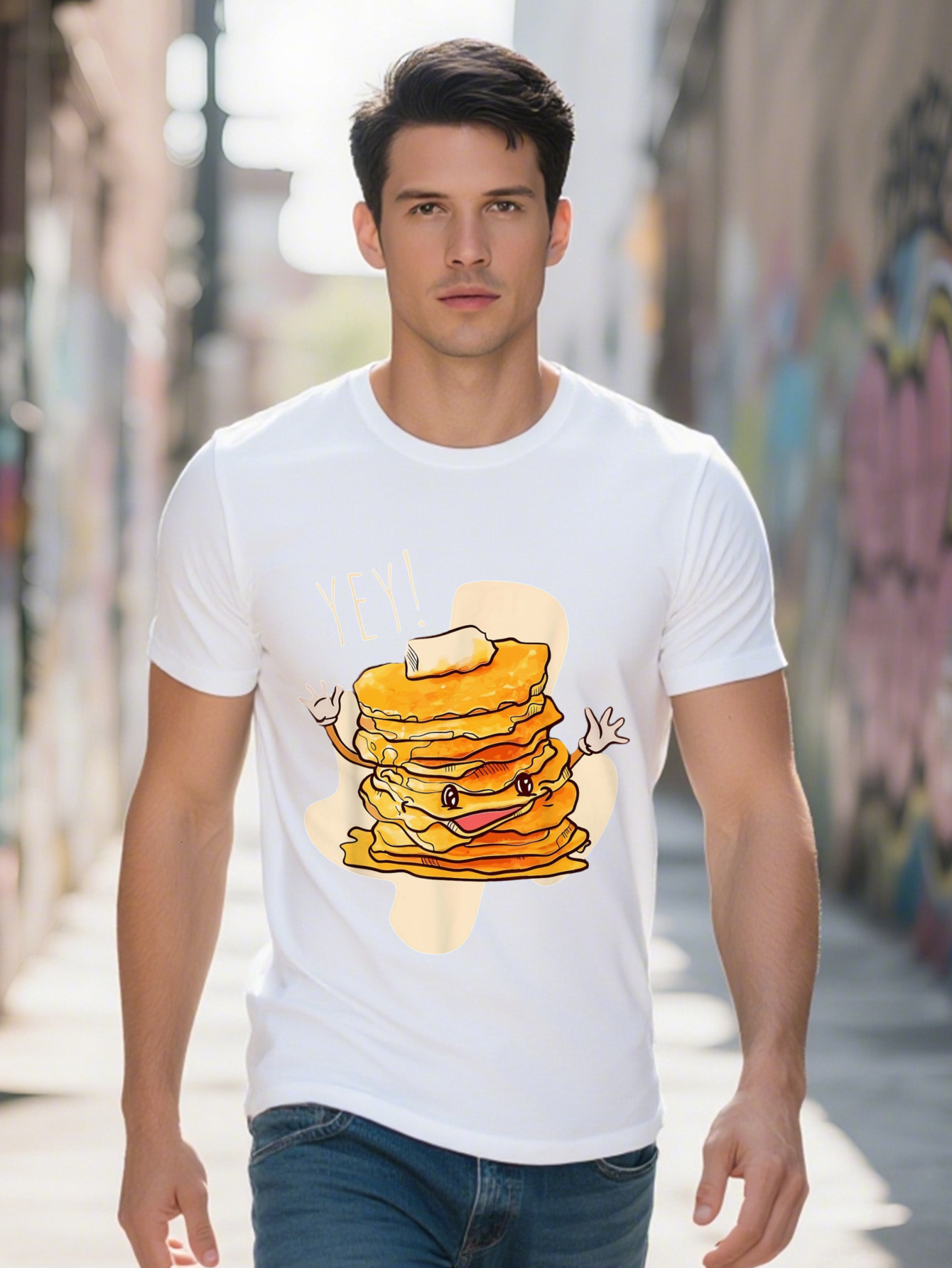 Men s Cotton T Shirt Funny Pancake Stack Cartoon Design YEAH Graphic Tee for Casual Outings Short Sleeve Black bac3b