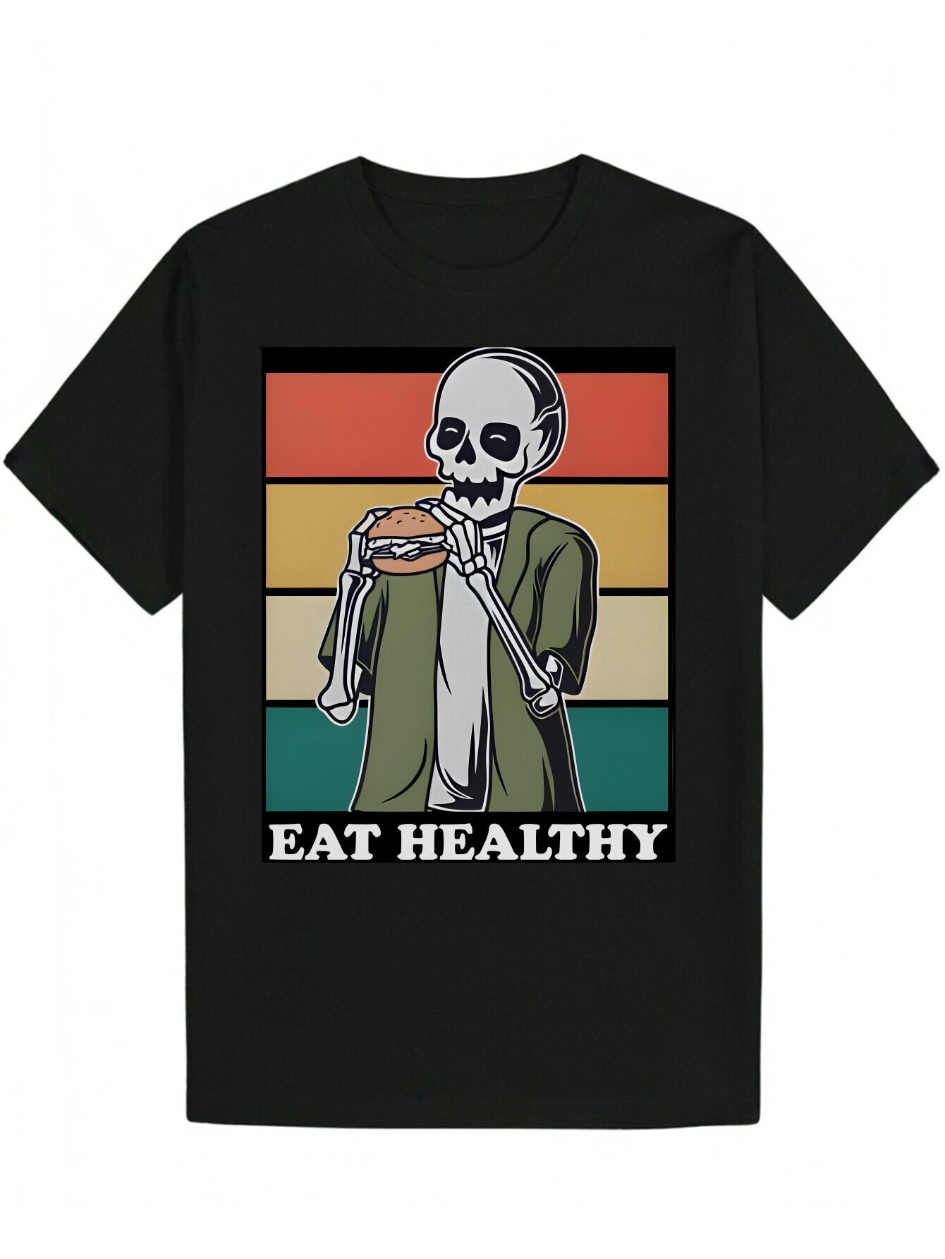 Men's Pattern T-Shirt - Black Skull Burger and "Healthy Eating" Print, 100% Polyester Crew Neck Machine Washable, Suitable for Casual W