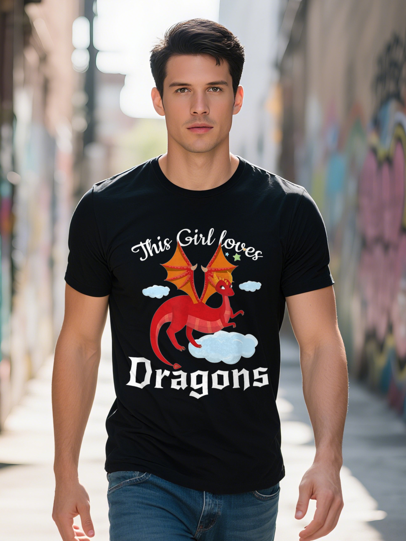 Men s Cotton T Shirt This Girl Loves Dragons Fun Graphic Tee with Red Cloud Design Casual Round Neck Short e9fca