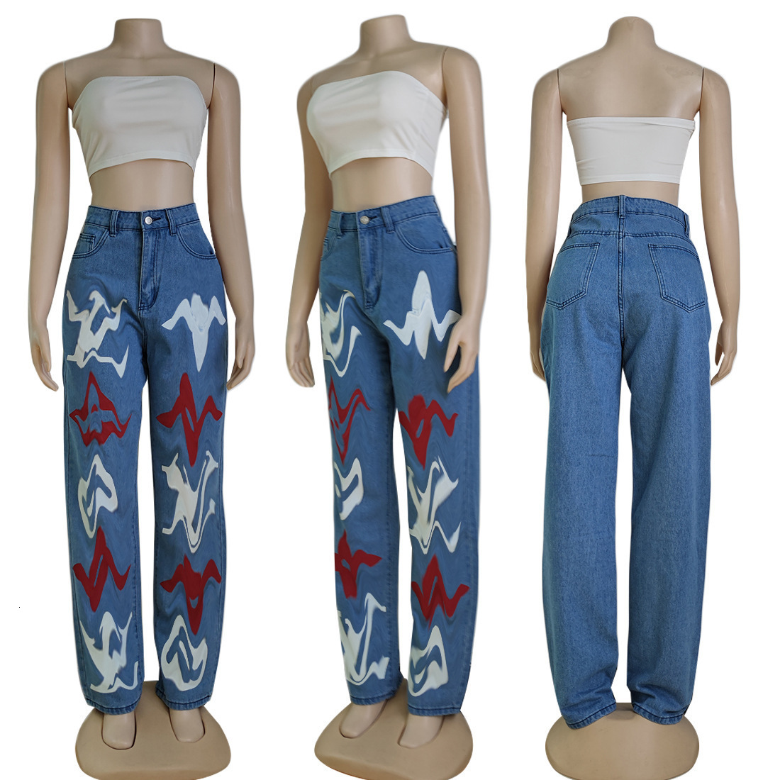 J2683 womens casual versatile denim high waisted blue washed pants jeans 4 colors